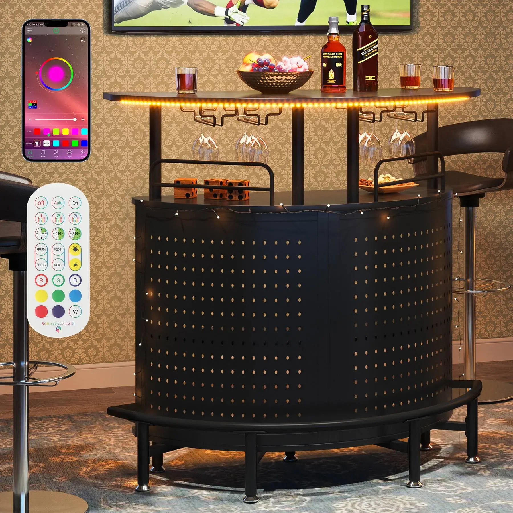 Tribesigns Smart LED Bar Table, 3-Tier Liquor Bar Unit with RGB Lights, Wine Glasses Holder and Storage Shelves, Alcohol Bar Cabinet with Mesh & Footrest Mini Bar Buffet Sideboard for Home Kitchen