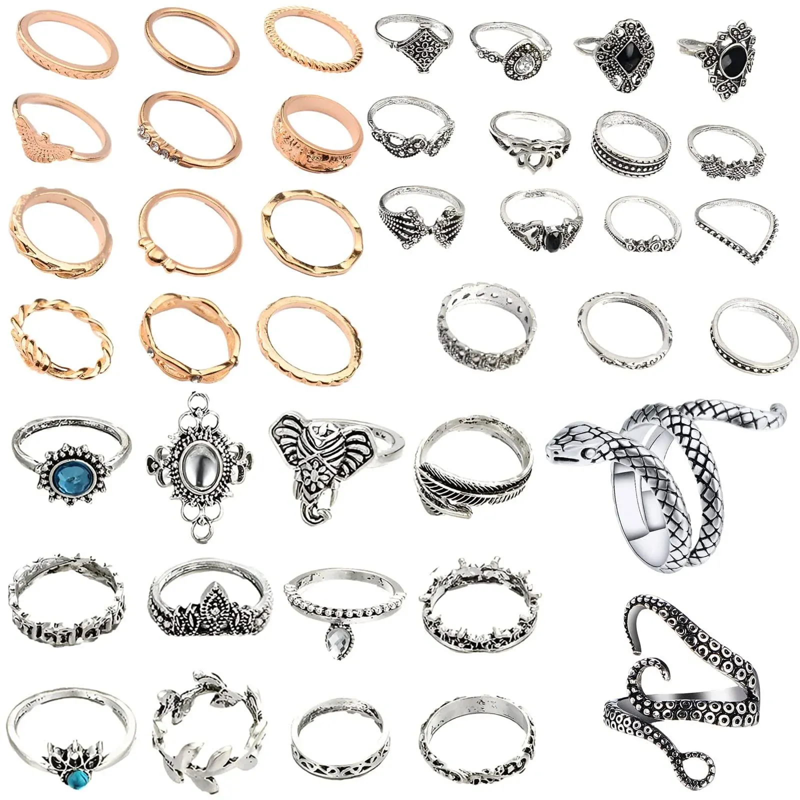 AIOMISKO Snake Octopus Knuckle Rings Set, Simple Stacking Rings for Women Girls Men, Vintage Retro Crystal Bohemian Midi Rings, Joint Nail Cuff Statement Rings (Set A: Mixed 41Pcs)