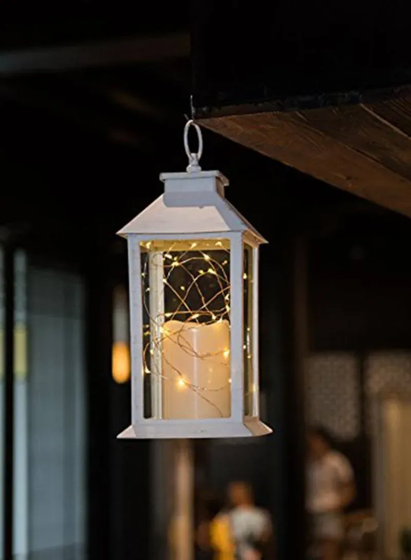 14" White Christmas Vintage Decorative Candle Lantern with 4 Hours Timer.30 LEDs String Light (Battery Included) Hanging for Indoor&Outdoor Set of 2