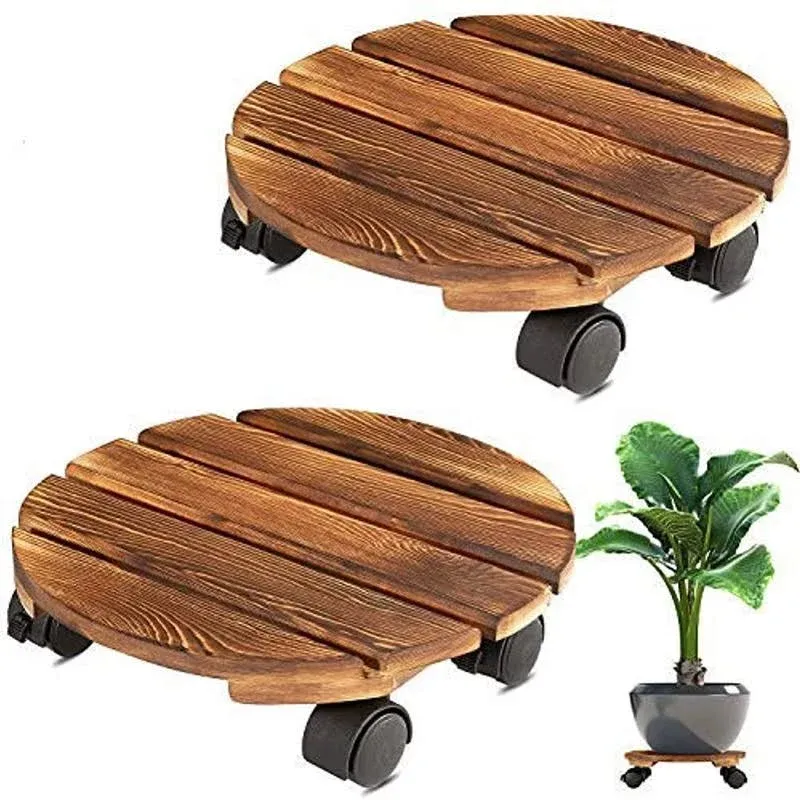 2 Pack Plant Caddy Wooden 12 Inch Plant Stand with Wheels Heavy Duty Rolling