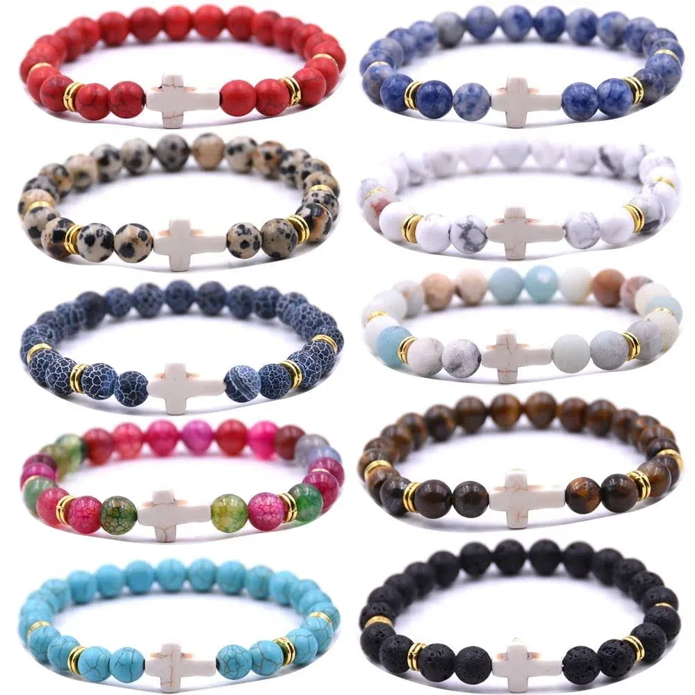 HYHONEY 8mm Beaded Bracelets Couples Bracelets Cross Bracelet for Women Men Lava ...