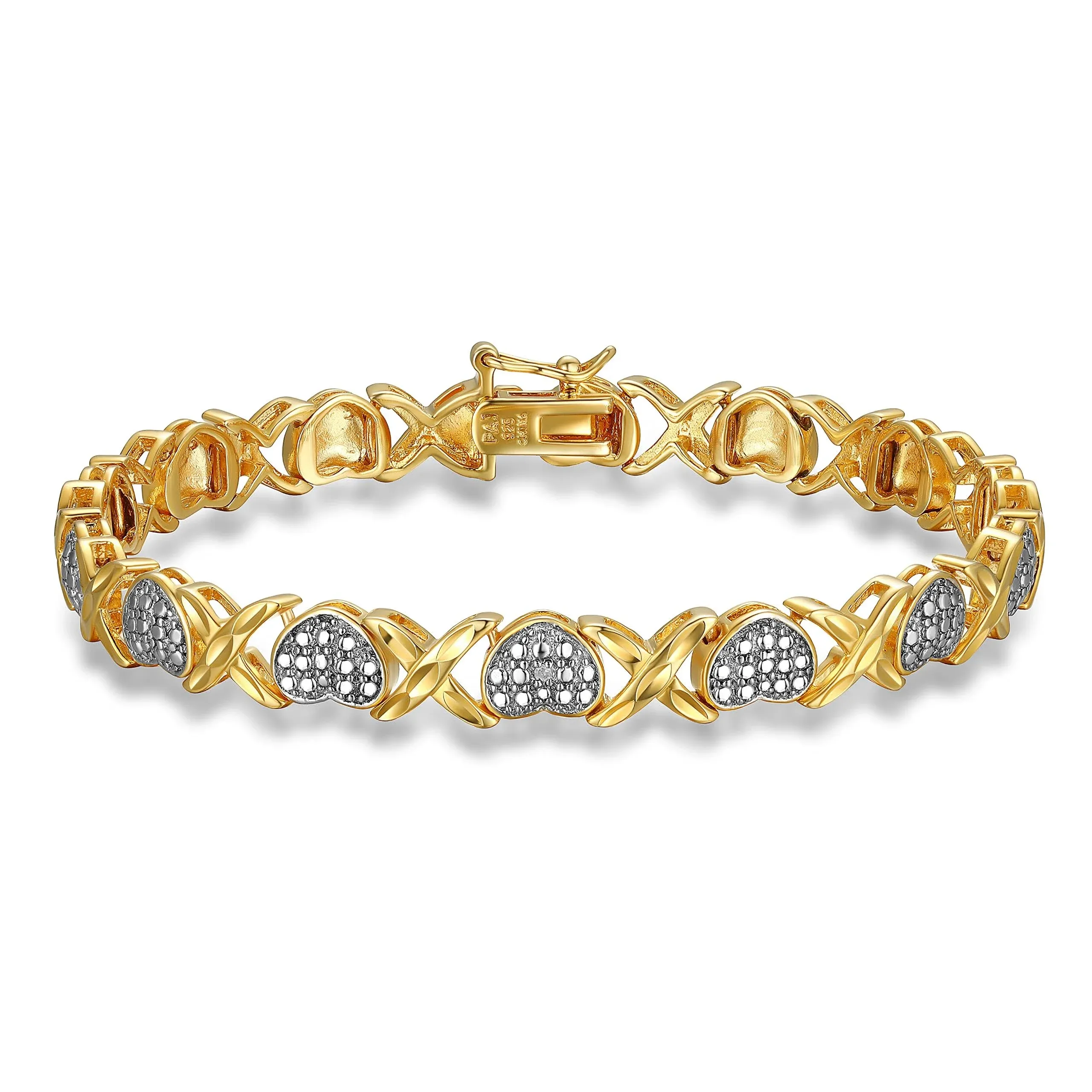 18K Yellow Gold Plated 925 Sterling Silver Two-Tone Diamond Accent and Illusion XO Heart Tennis Bracelet, 7.25"