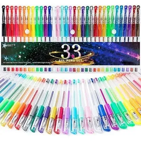 TANMIT Gel Pens, 33 Color Gel Pen Fine Point Colored Pen Set with 40% More Ink for Adult Coloring Books, Drawing, Doodling, Scrapbooks Journaling