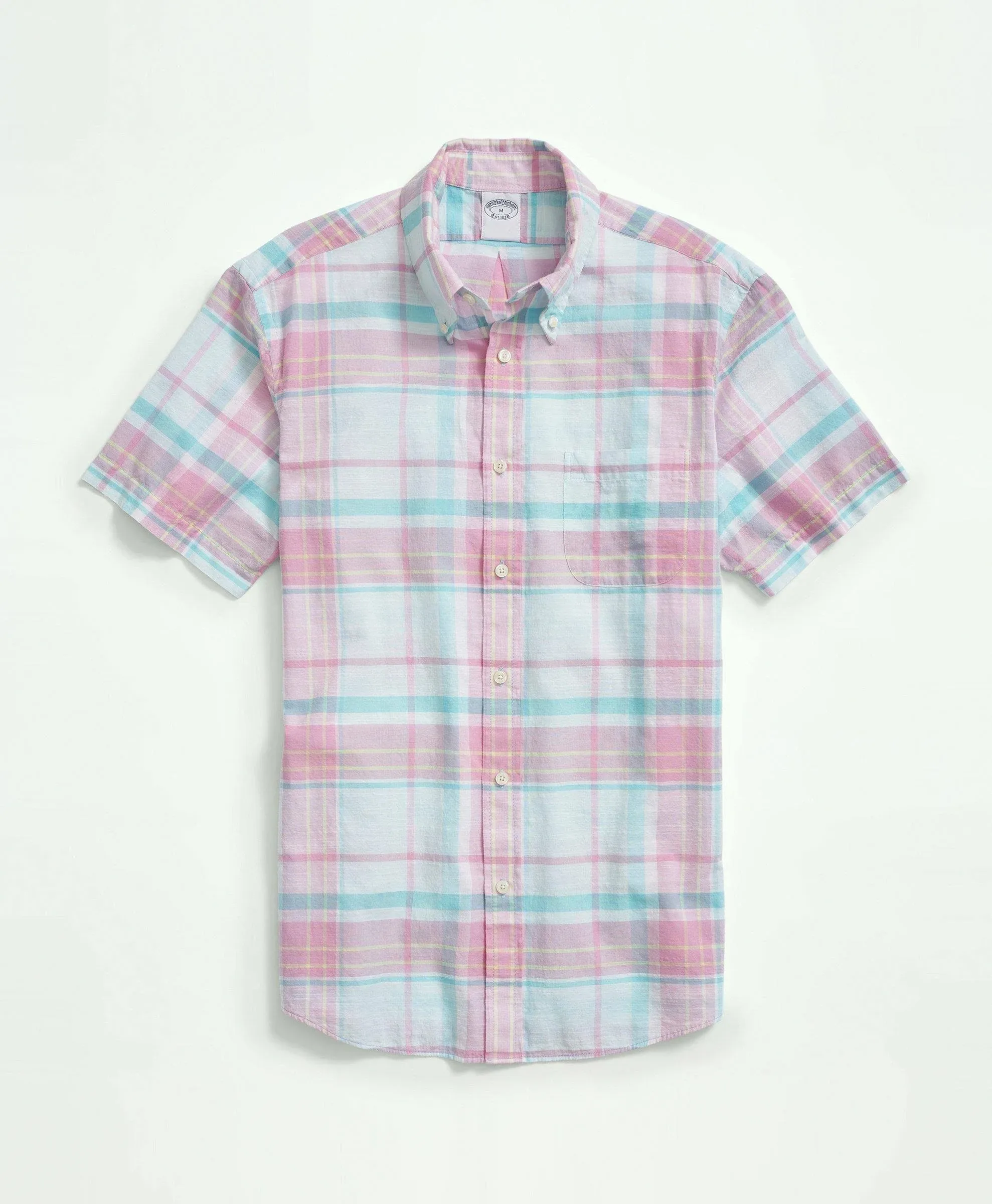 Brooks Brothers Men's Short Sleeve Button Down Cotton Madras Sport Shirt, Plaid