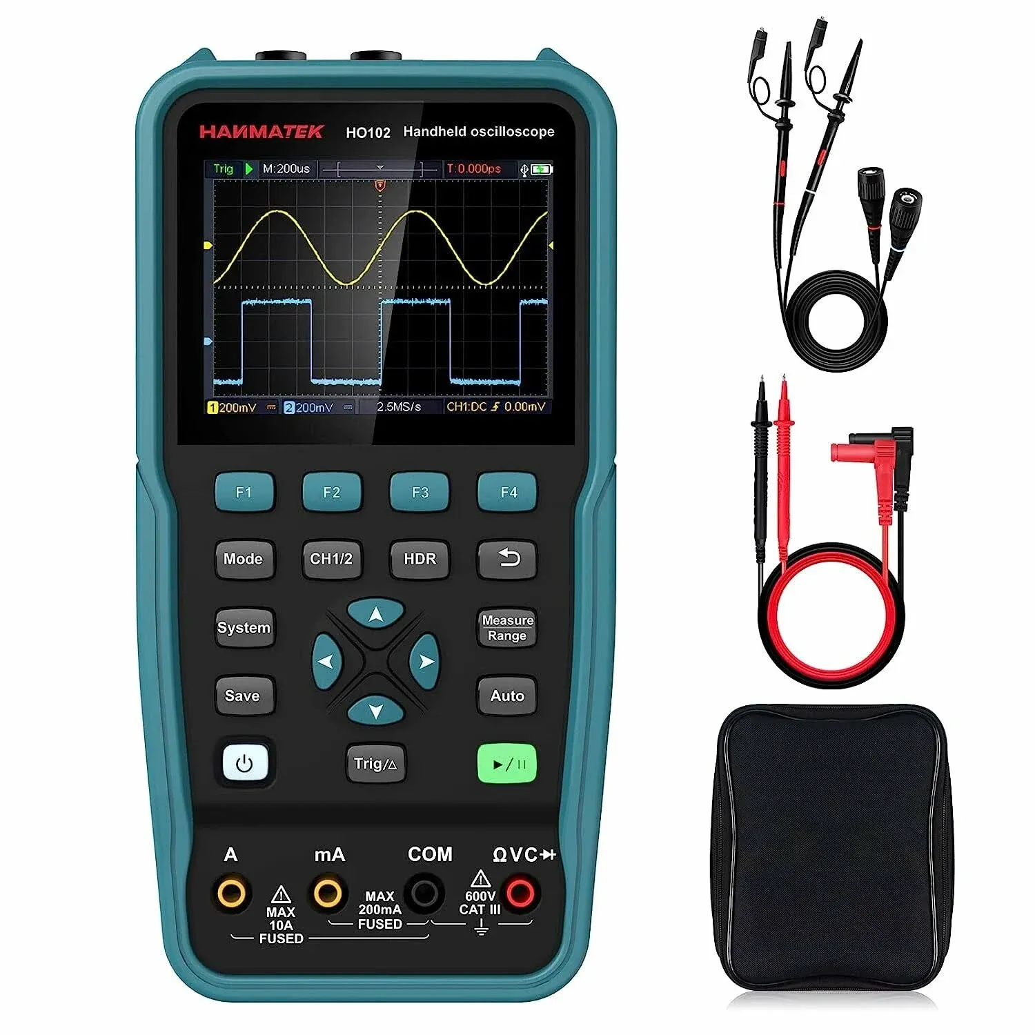 HANMATEK HANMATEK 100MHz HO102/HO102S 3-in-1 Handheld Oscilloscope Multimeter Waveform Generator 10,000wfms/s 3.5" TFT USB Type-C Best Professional to