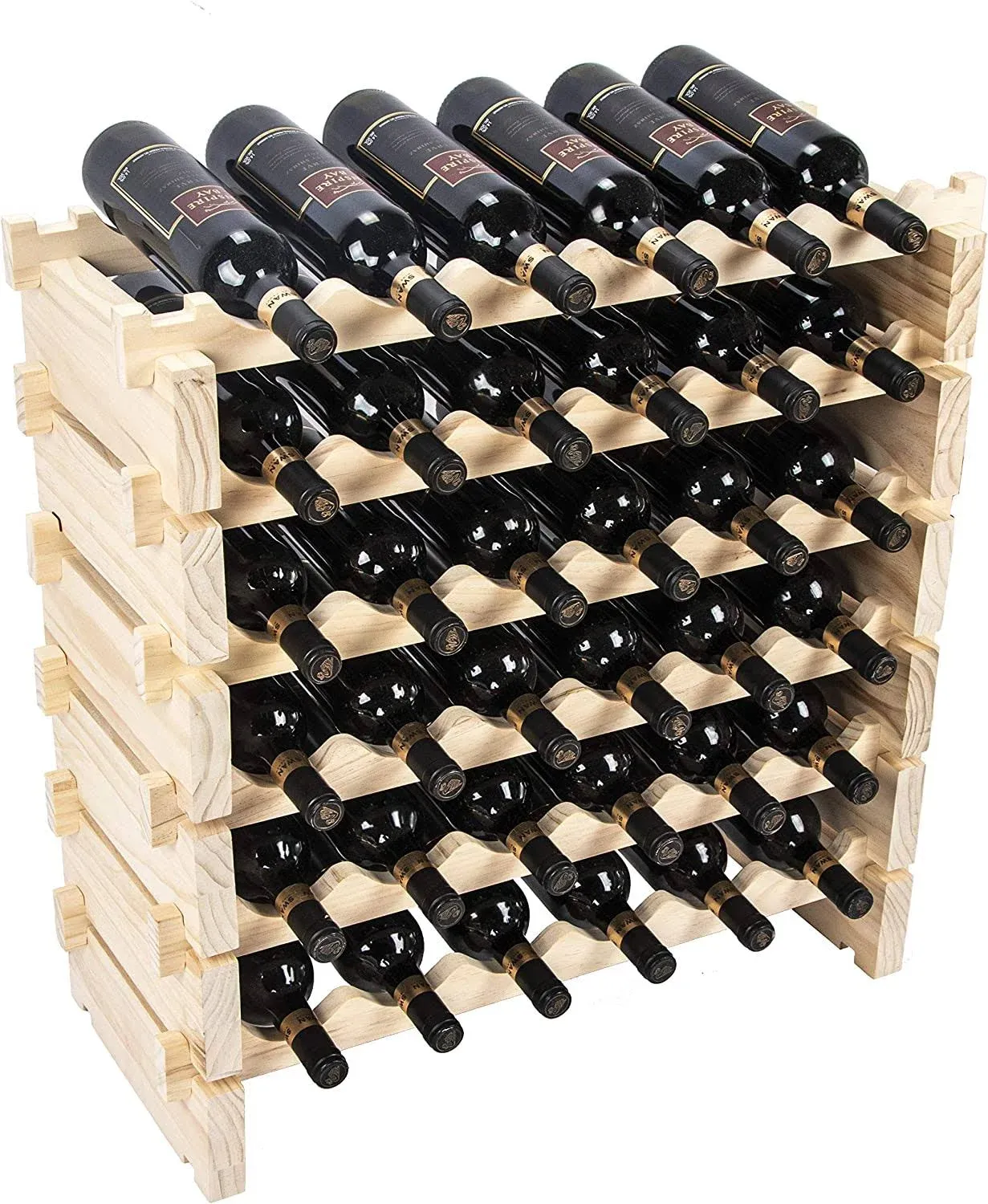 DisplayGifts Freestanding Stackable Storage Stand Display Shelves Wine Rack Wobble-Free 48 Bottle Capacity 8 X Rows, Pine Wood (Natural Pine,