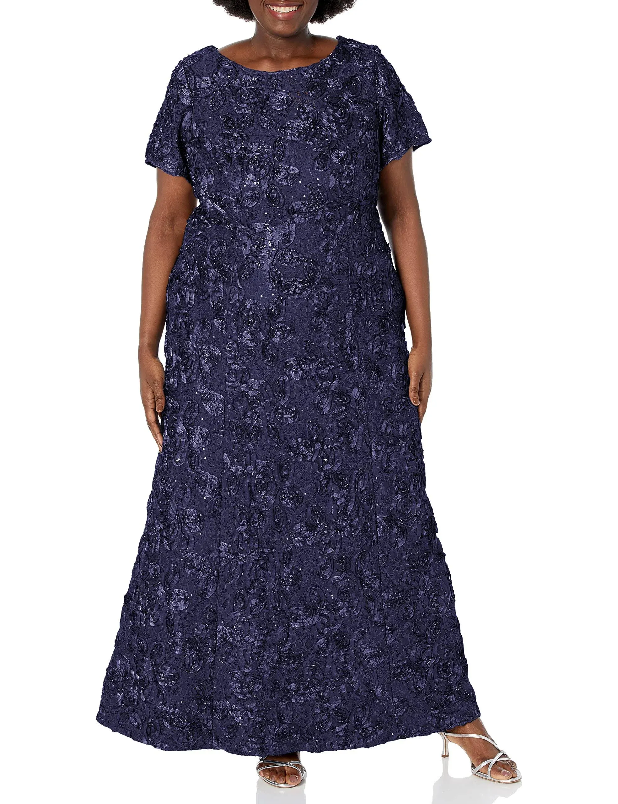 Alex Evenings Women's Long Rosette Lace Cap Sleeve Gown