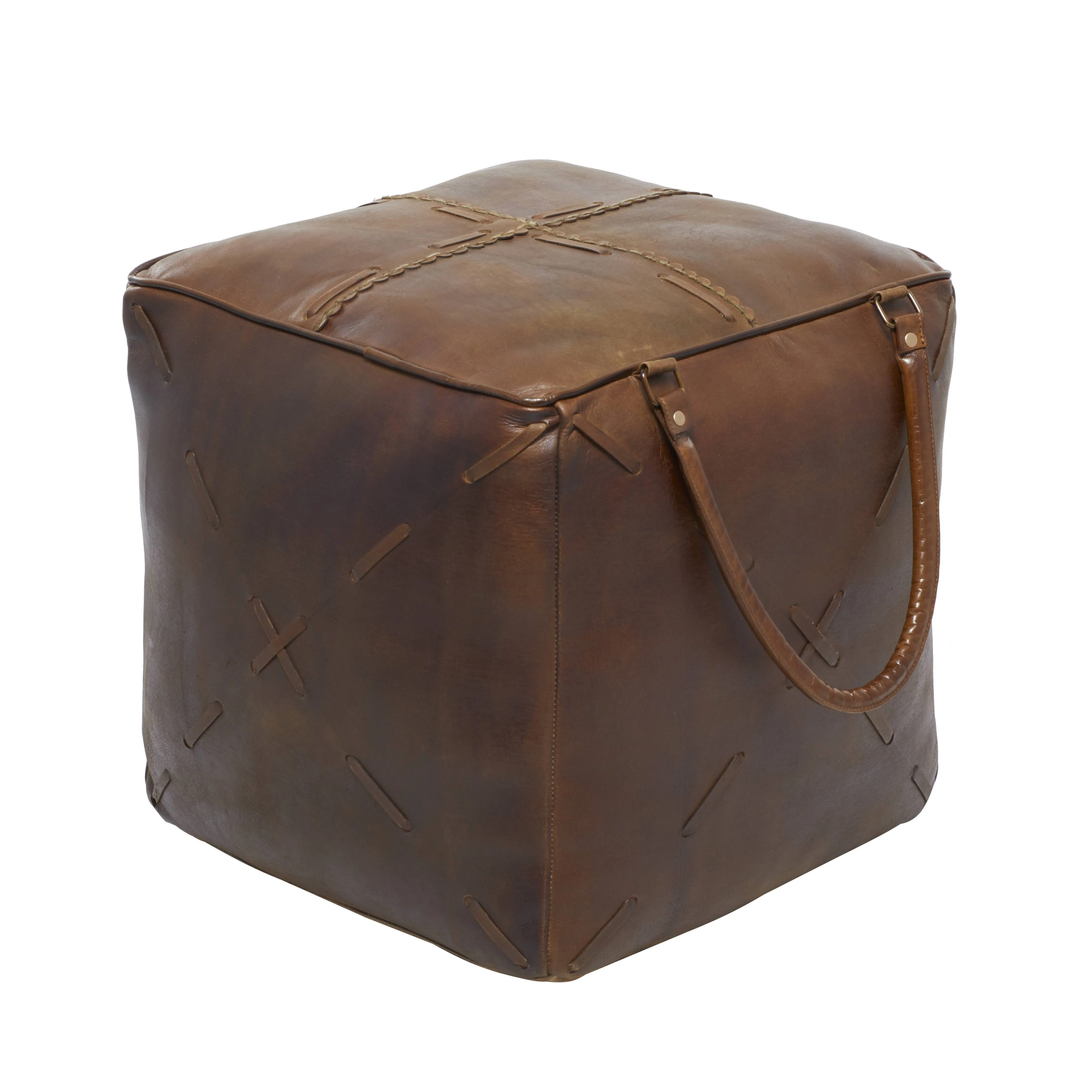 Brown Canvas Pouf with Leather Handles