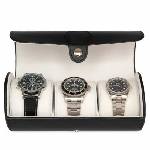 CASE ELEGANCE Cylindrical watch box made of vegan leather in black for 3 watches