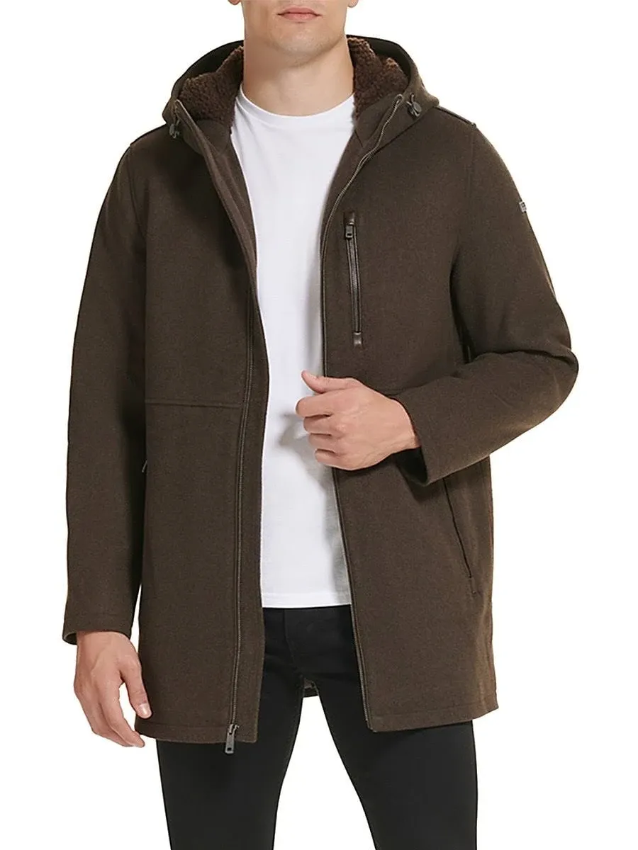 Kenneth Cole Men's Faux Shearling Hooded Wool Blend Coat - Brown - Size XXL