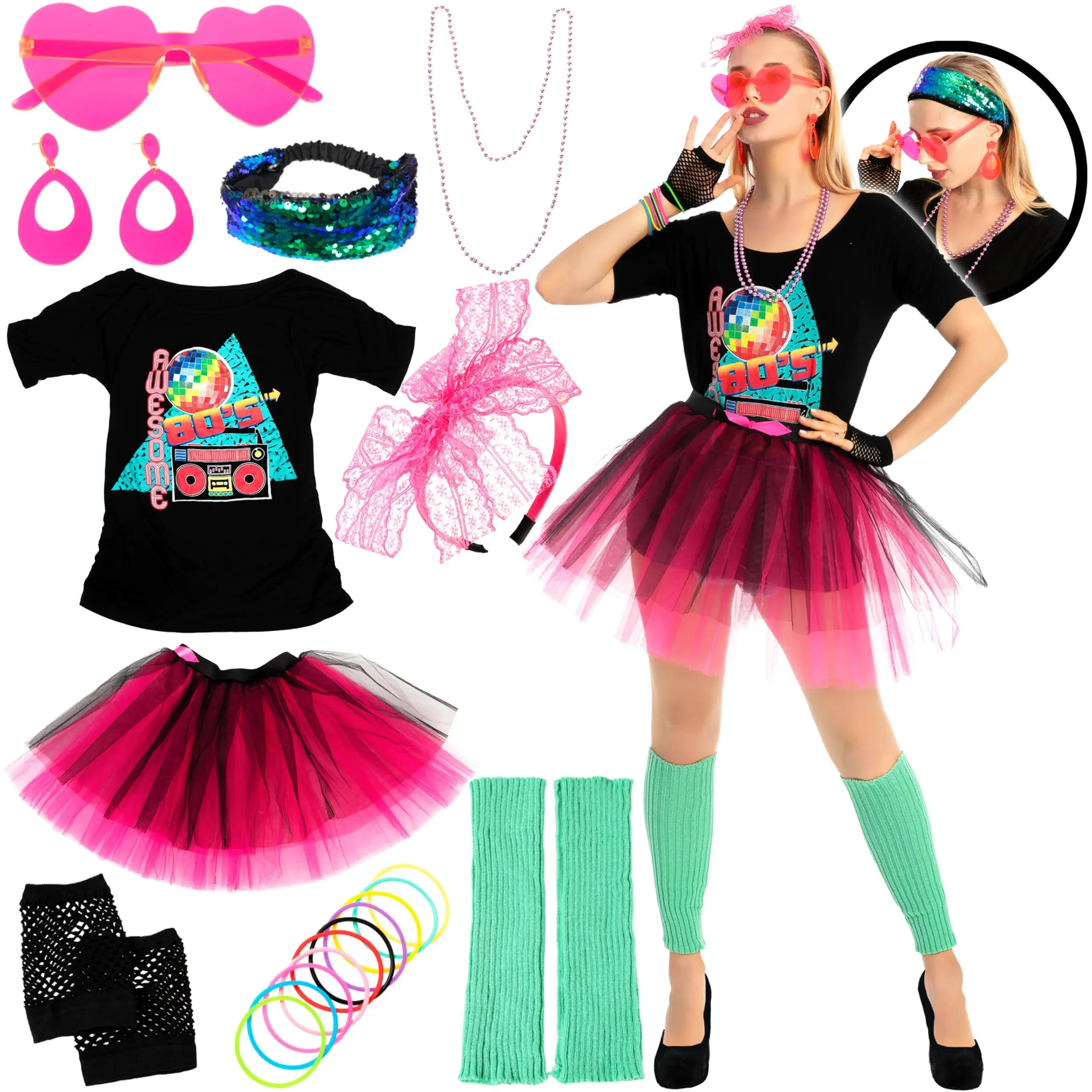 Spooktacular Creations 80s Costume Set with T-Shirt Tutu Headband & Other ...