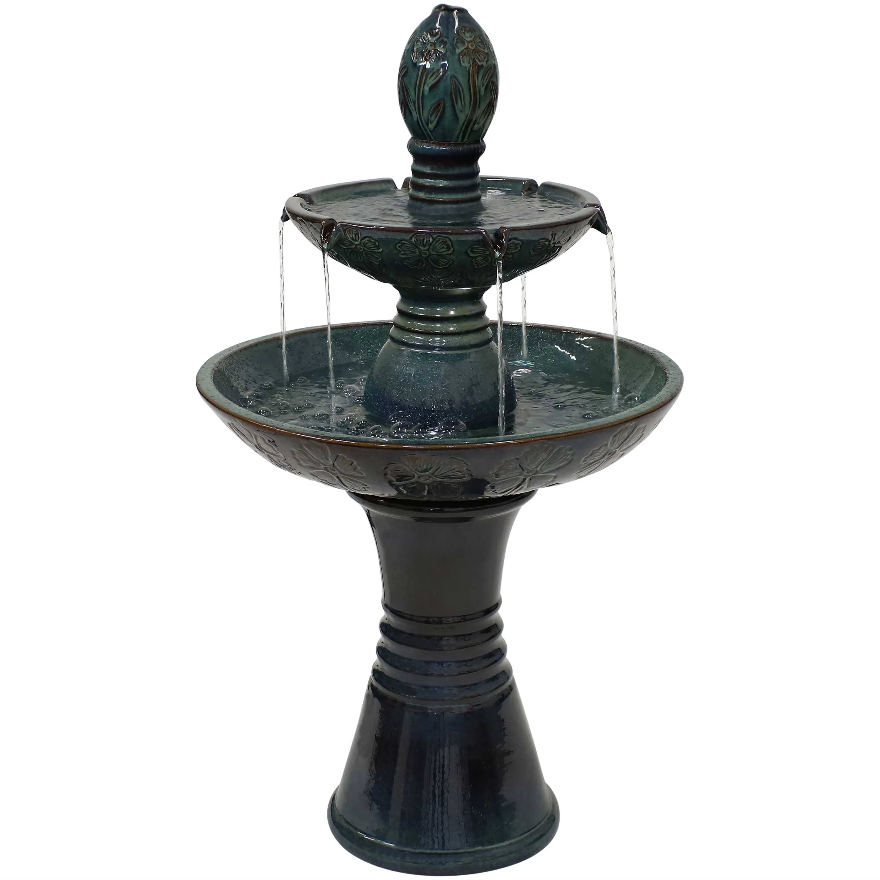 Sunnydaze 38-Inch 2-Tier Outdoor Ceramic Fountain with LED Lights - Electric Submersible Pump with Adjustable Flow Green