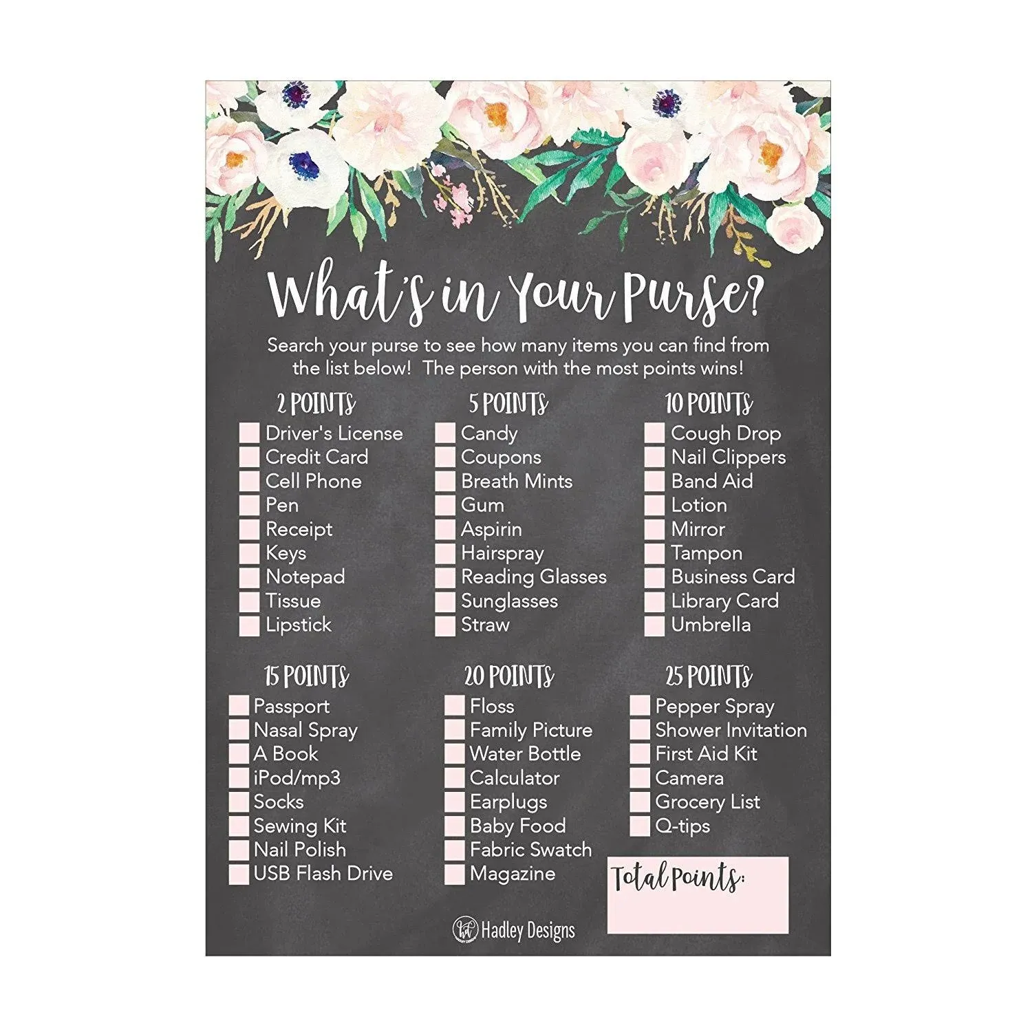 25 Rustic Floral Whats in Your Purse Bridal Wedding Shower or Bachelorette Party ...