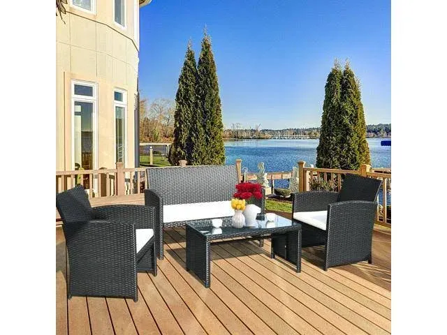 Costway 4 Pieces Wicker Patio Furniture Conversation Set in Black (Set of 4)