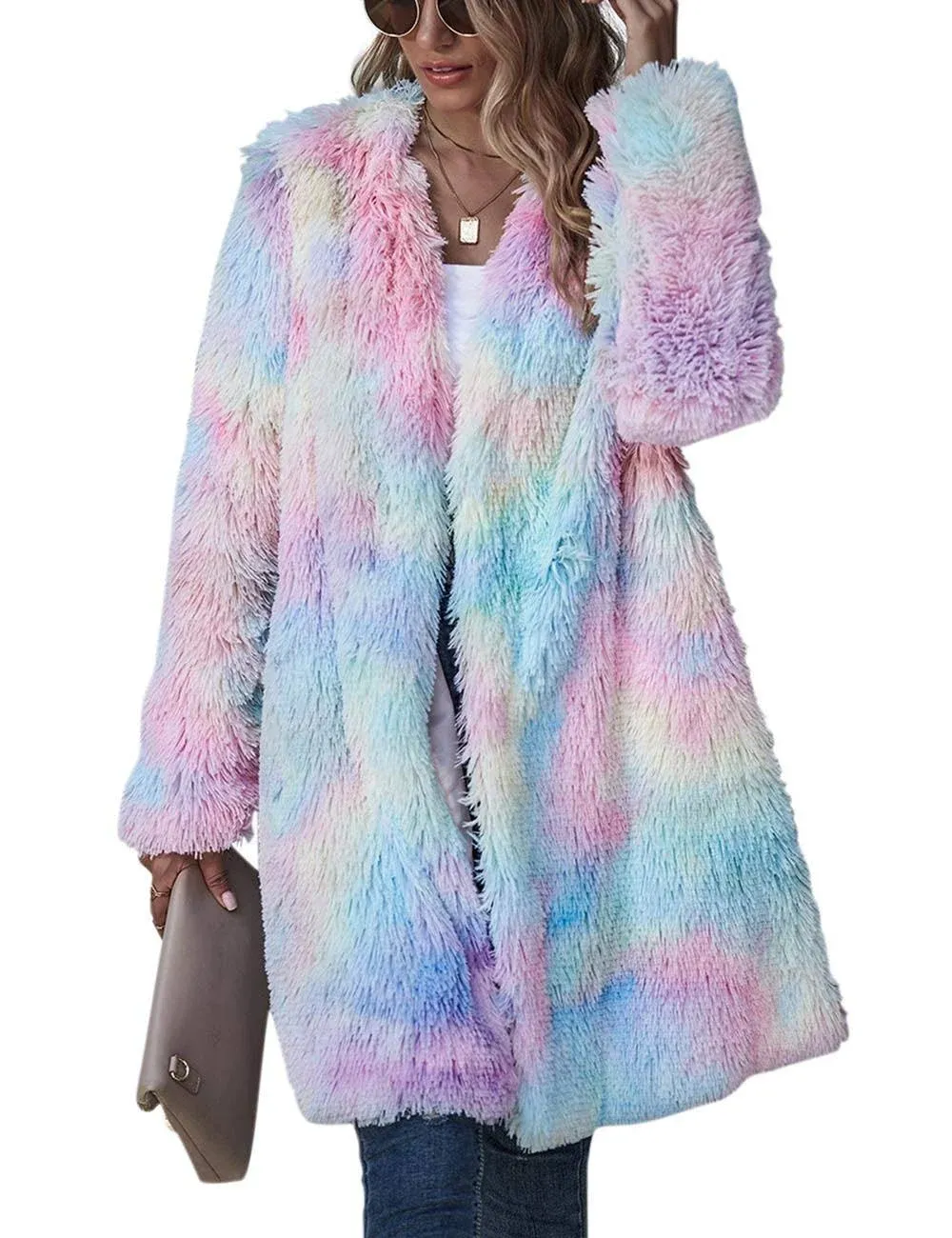 ECDAHICC Women's Rainbow Tie Dye Fuzzy Fleece Long Sleeves Jackets Wool Faux Fur ...