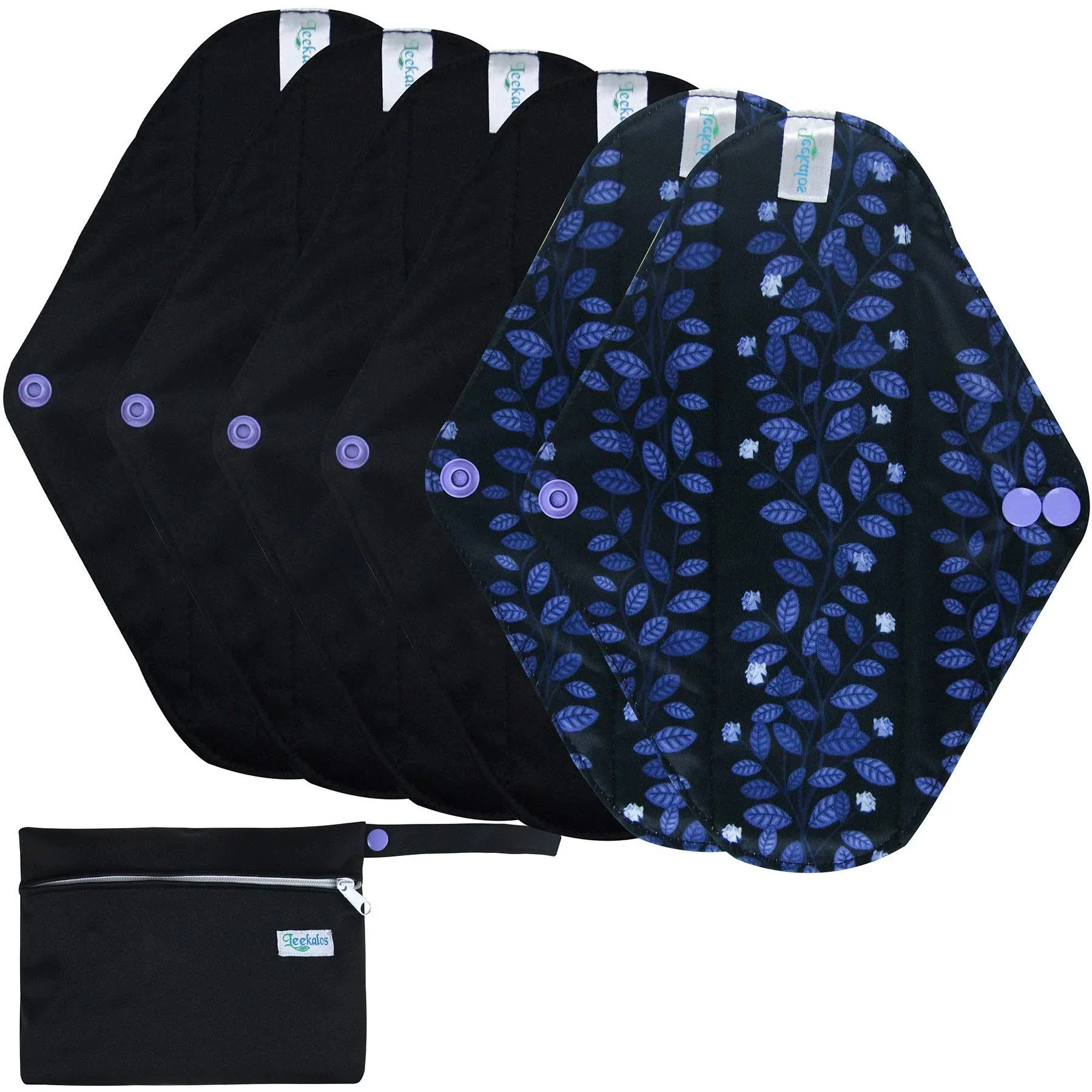 Leekalos Reusable Menstrual Pads - Bamboo Menstrual Cloth Pads | Light Incontinence Pads | Reusable Sanitary Pads - Pack of 6, 1 Cloth Mini Wet Bag (M, Black Flower)