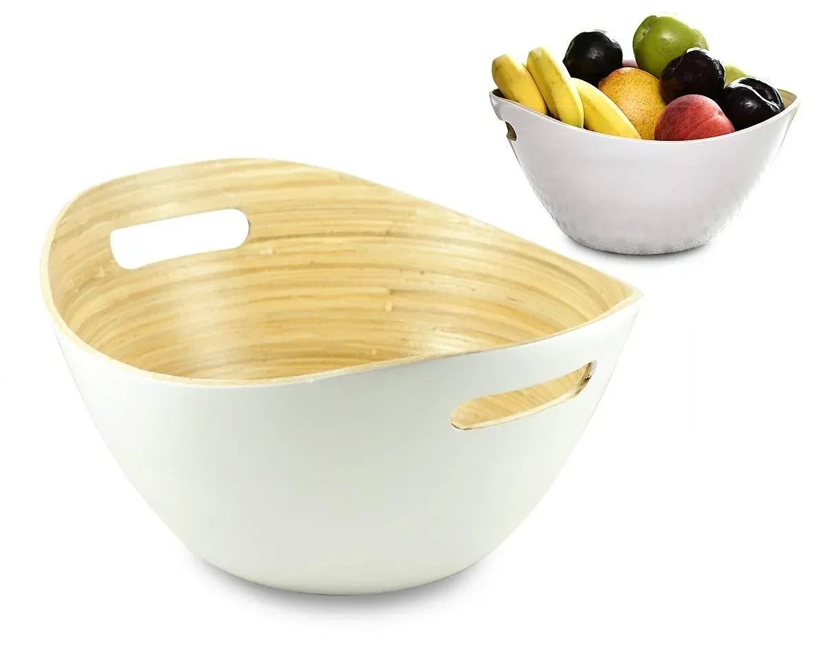 Modern Bamboo Wood Fruit or Vegetable Bowl | Decorative Home Decor Kitchen Counter Centerpiece Decorations and Dining Room Tables Centerpieces | White Accessories Bowls