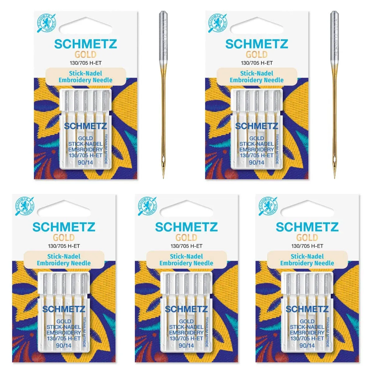 25 Schmetz Gold Titanium Embroidery Needles Size 90/14 130/705 H-ET