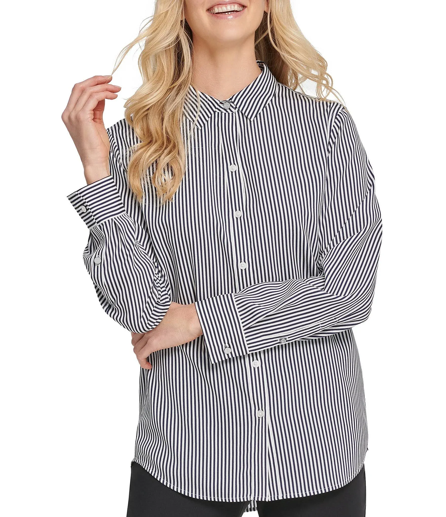 Dkny Striped Button-Front Shirt - Navy/Ivory Stripe