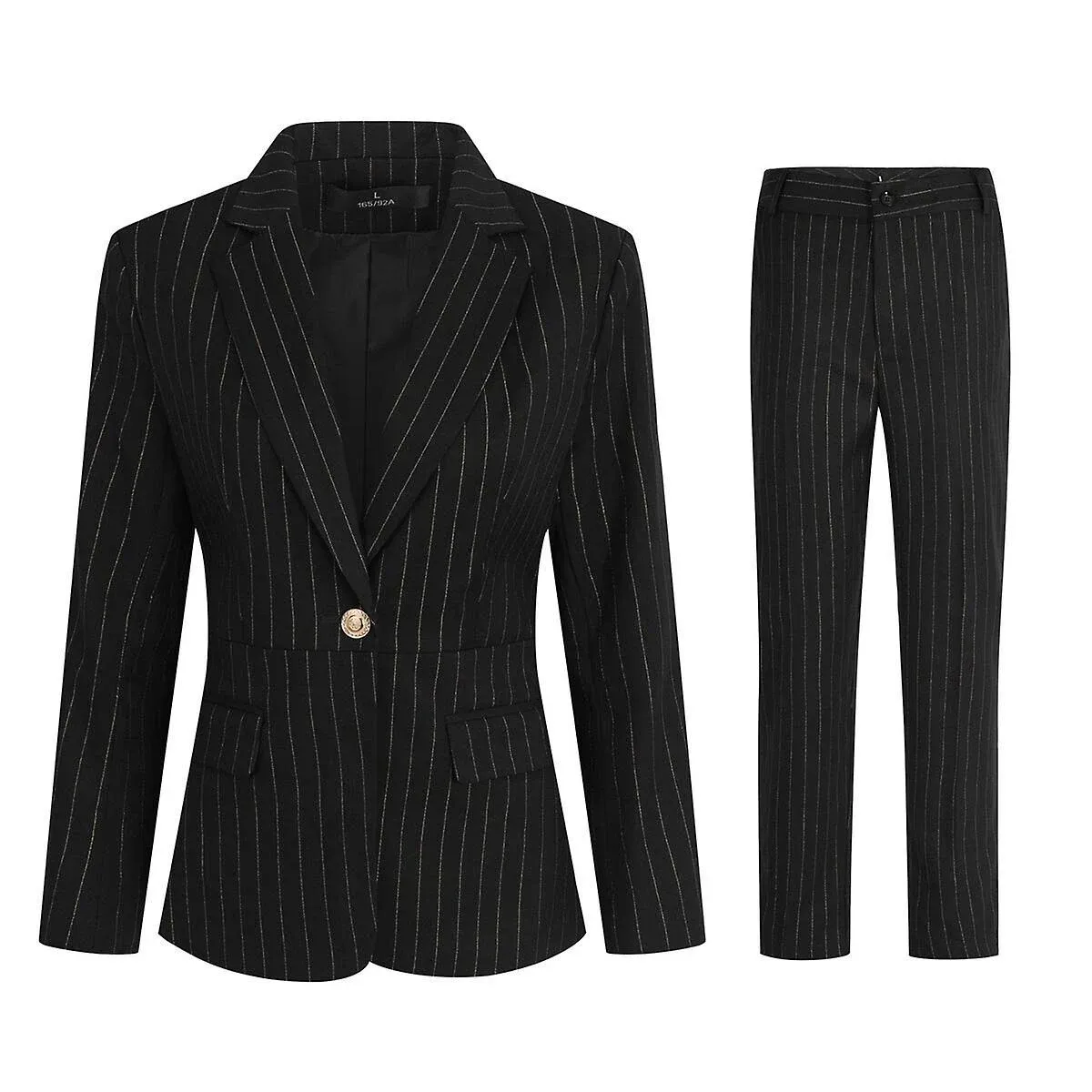 Yynuda Womens 2-Piece Slim Fit Suit Gold Stripe Blazer and Pants Black L