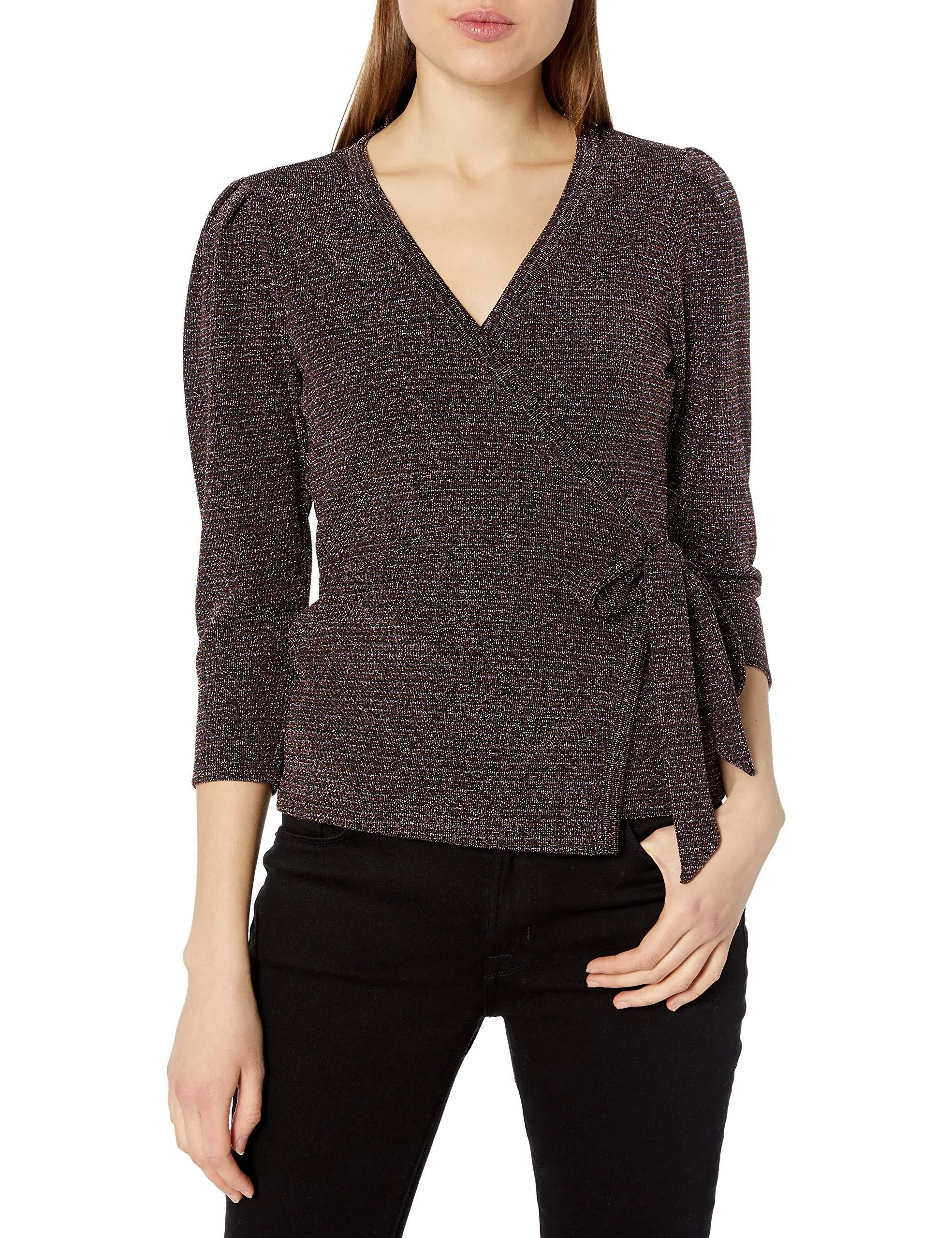 Paige Jasper Metallic Knit Puff-Sleeve Wrap Top