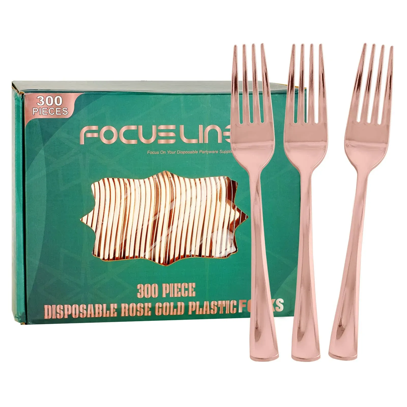 FOCUSLINE 300 Pack Disposable Rose Gold Plastic Forks, Solid and Durable Plastic Cutlery Forks, Heavy Duty Disposable Utensil Silverware for Catering, Parties, Dinners, Weddings