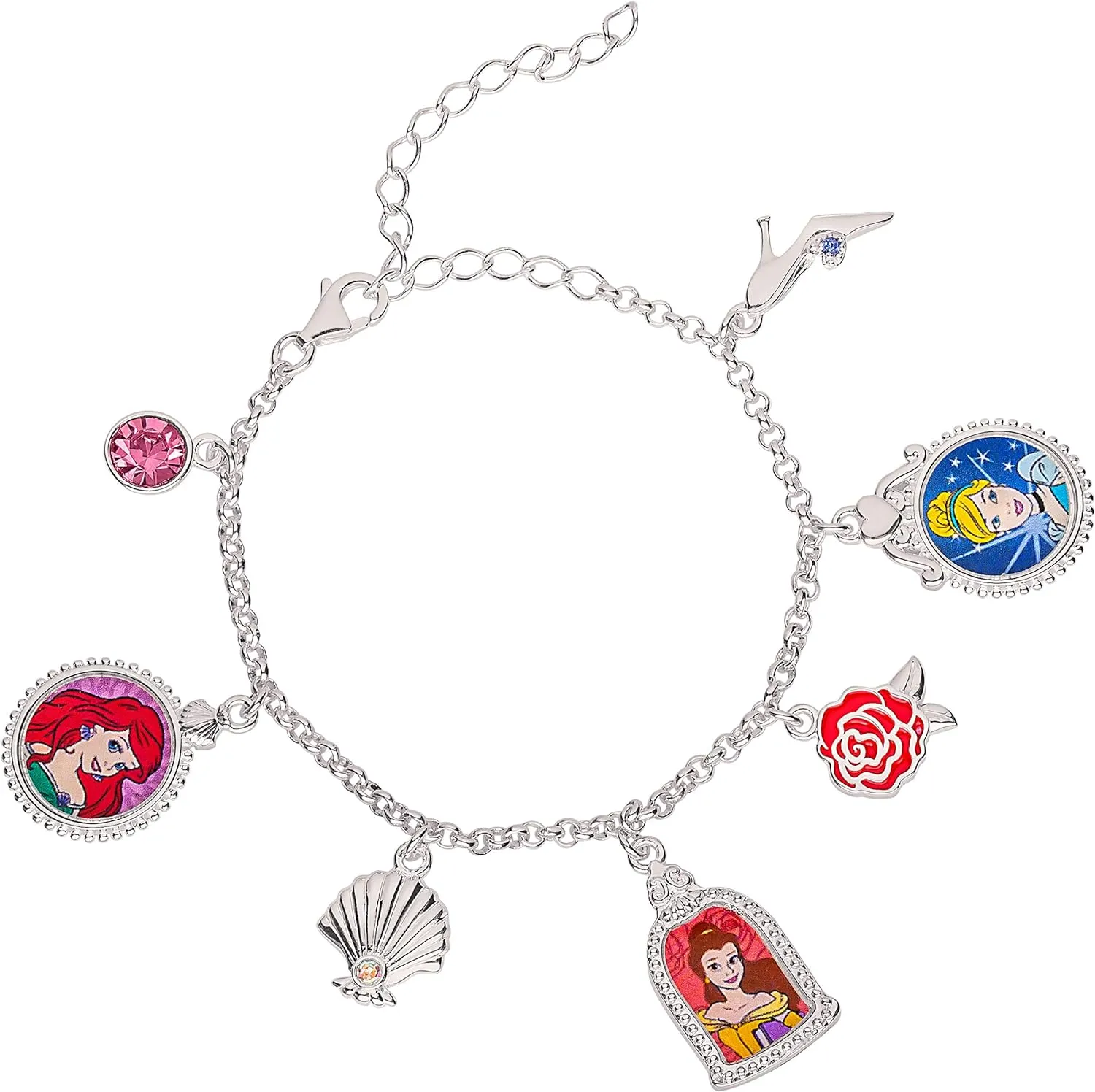 Disney Princess Girl's Jewelry Sterling Silver Multi Crystal Charm Bracelet, 5"