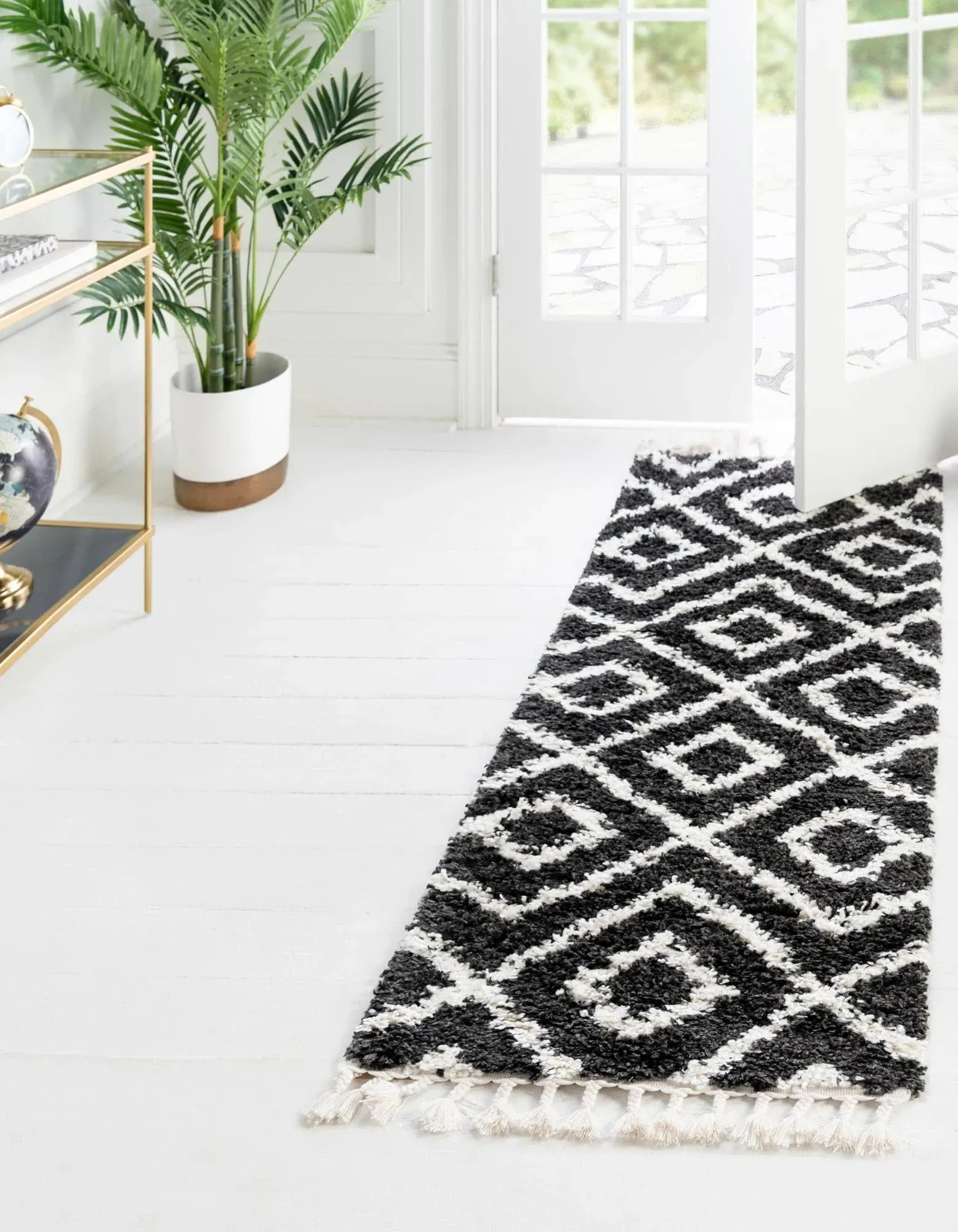 Unique Loom Hygge Shag 6 ft Runner Black and White Area Rug