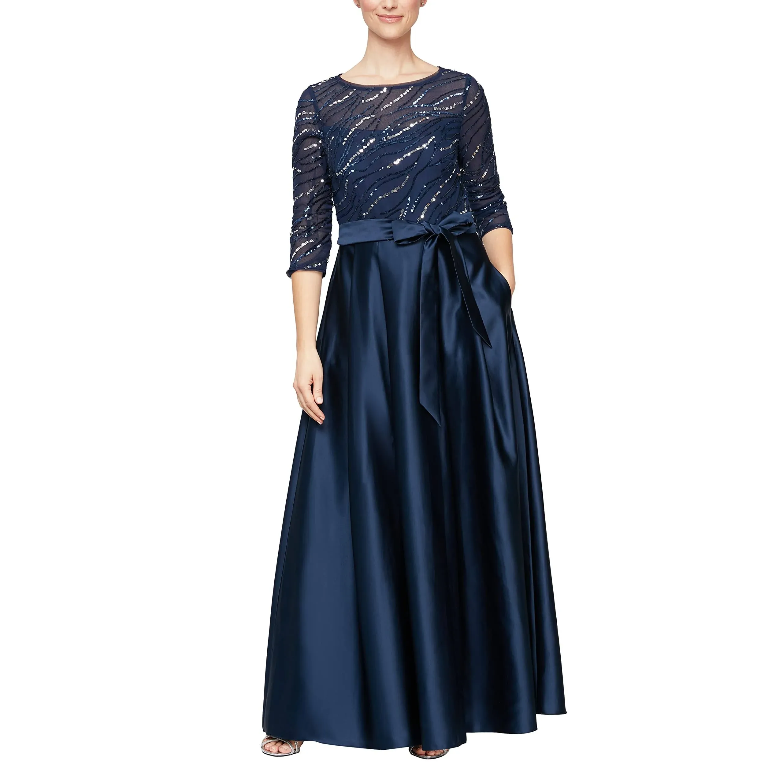 Alex Evenings Womens Satin Maxi Evening Dress Navy 12