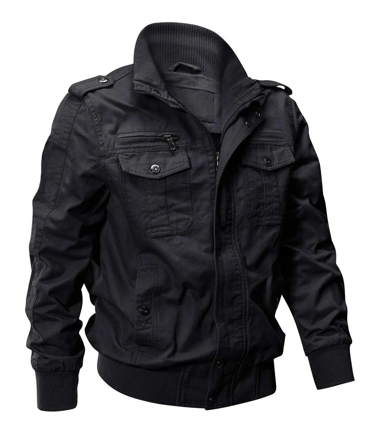 Men&#x27;s Cotton Multi Pockets Zip Front Stand Collar Military Jackets Windbreaker