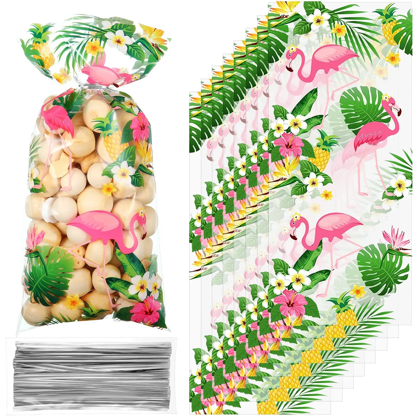 100 Pieces Flamingo Cellophane Treat Bags Hawaiian Themed Candy Bags Tropical...