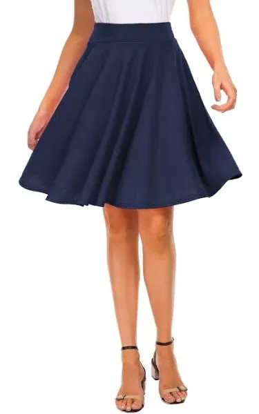 EXCHIC Womens Casual Stretchy Flared Mini Skater Skirt Basic A-Line Pleated Midi ...