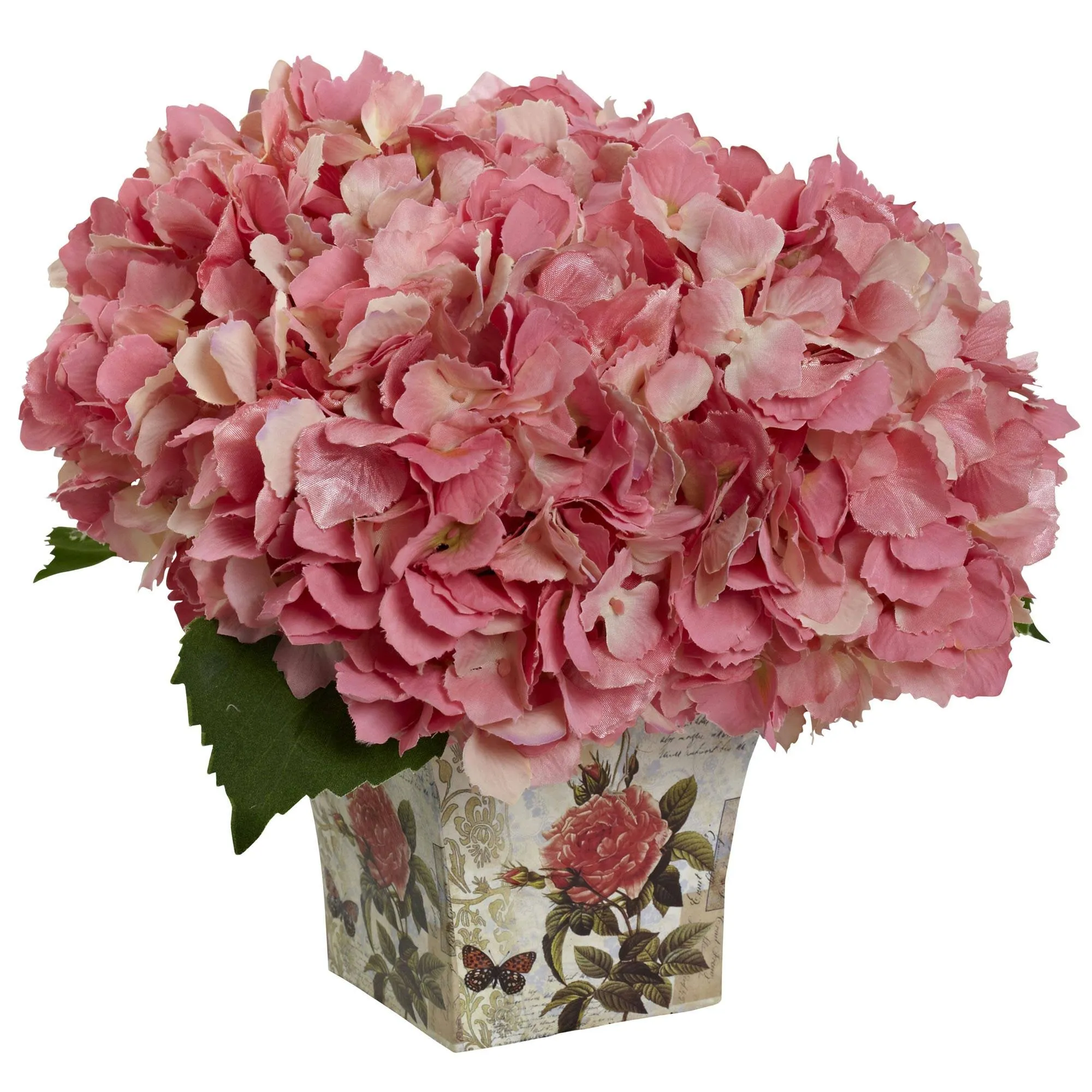 Nearly Natural Hydrangea with Floral Planter - Pink