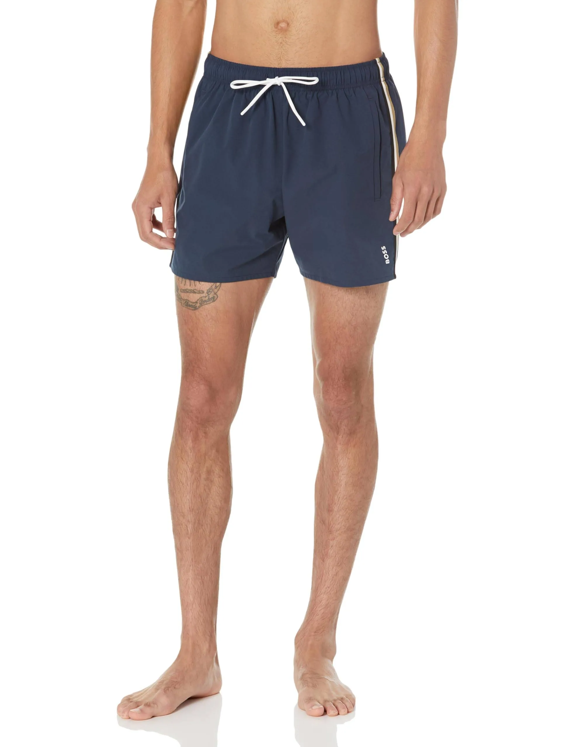 BOSS Men's Standard Solid Swim Trunk with Iconic Side Stripe