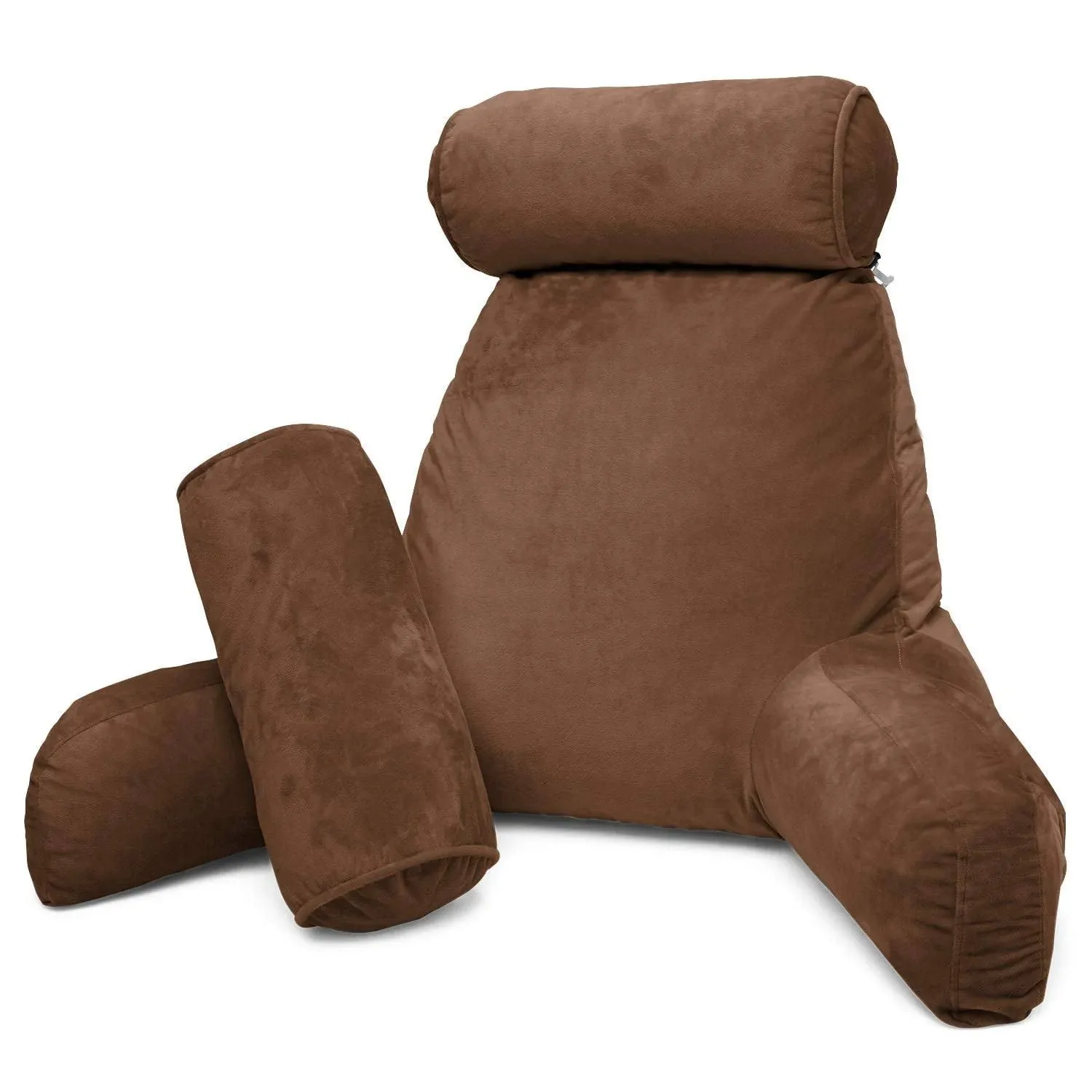 Clara Clark Reading Pillow, Back Rest Pillow for Sitting in Bed with Arms for Kids & Adults - Premium Shredded Memory Foam TV Sit Up Pillow - Large, Brown