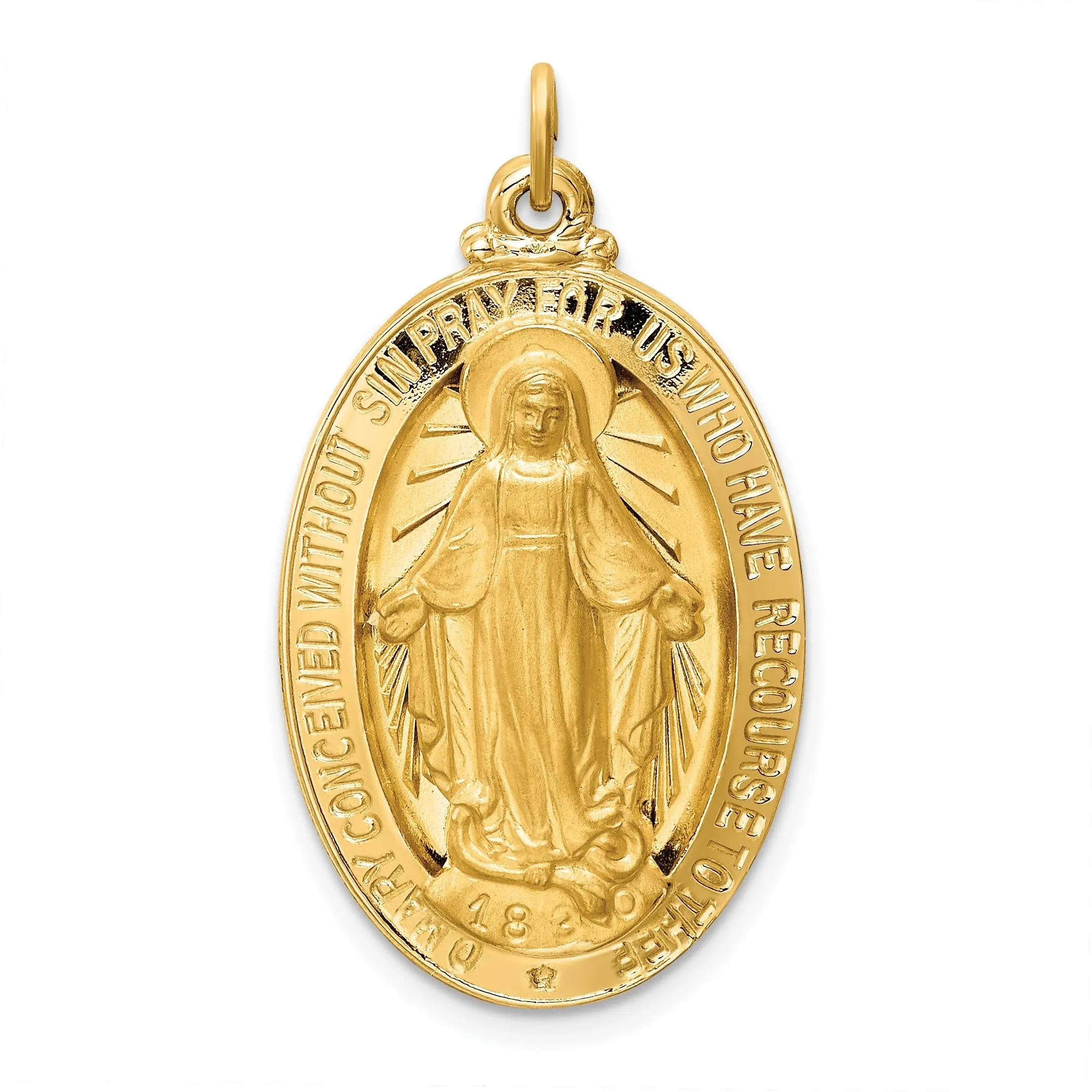 14K Yellow Gold Solid Polished/Satin Large Oval Miraculous Medal