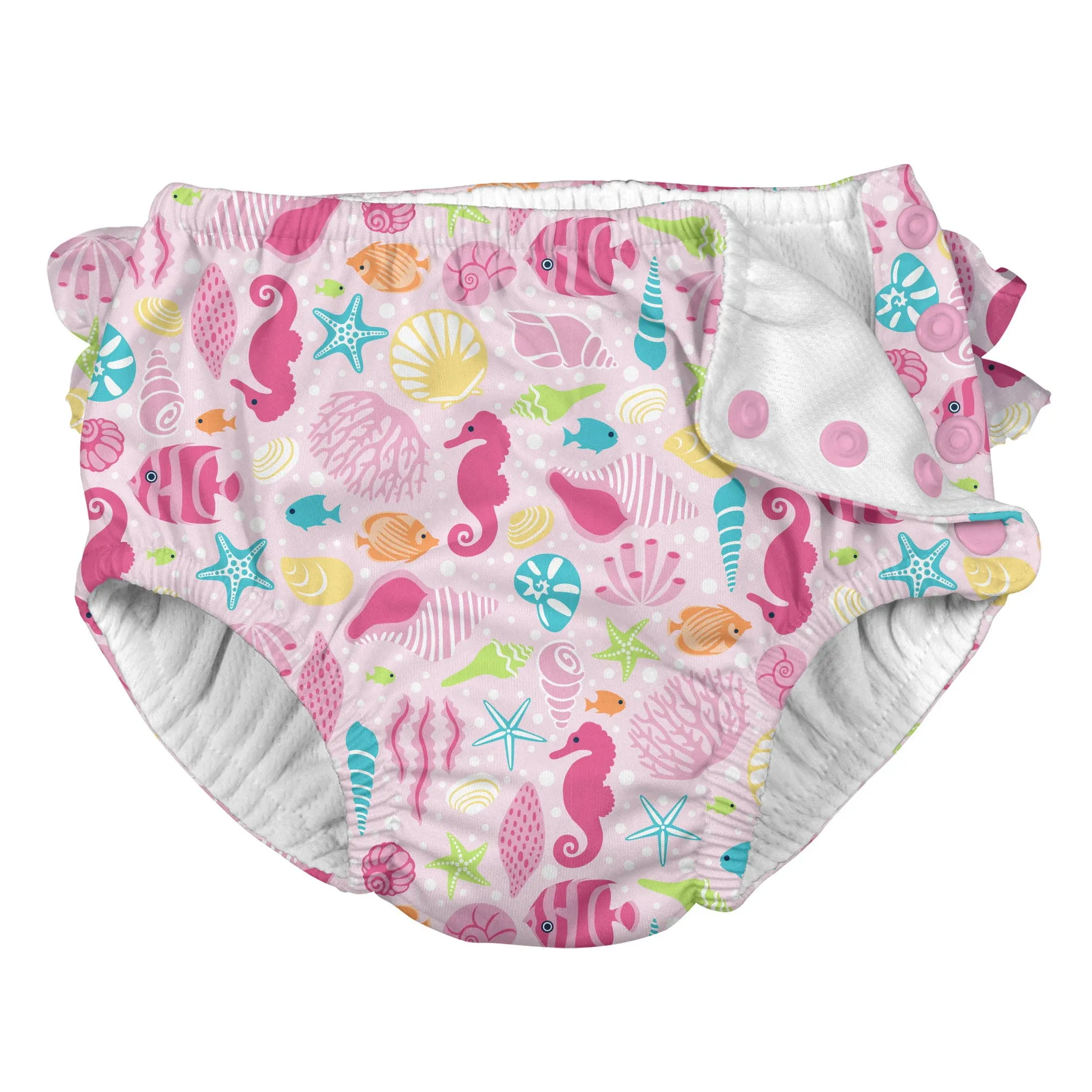 I Play. Pink Sealife Ruffle Snap Reusable Swimsuit Diaper - Small