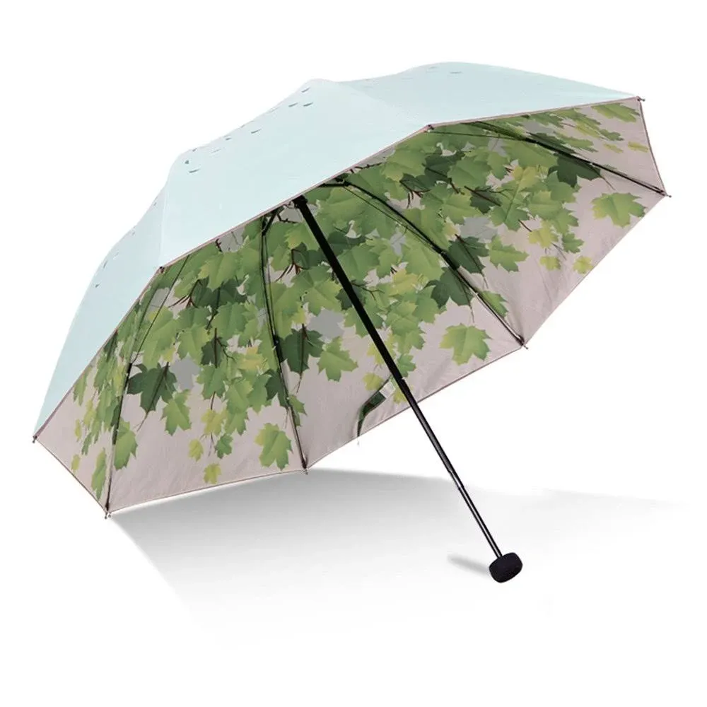 Green Tree Leaf Folding Travel Sun Umbrella Sunblock UV Protection UPF 50+ Rain 