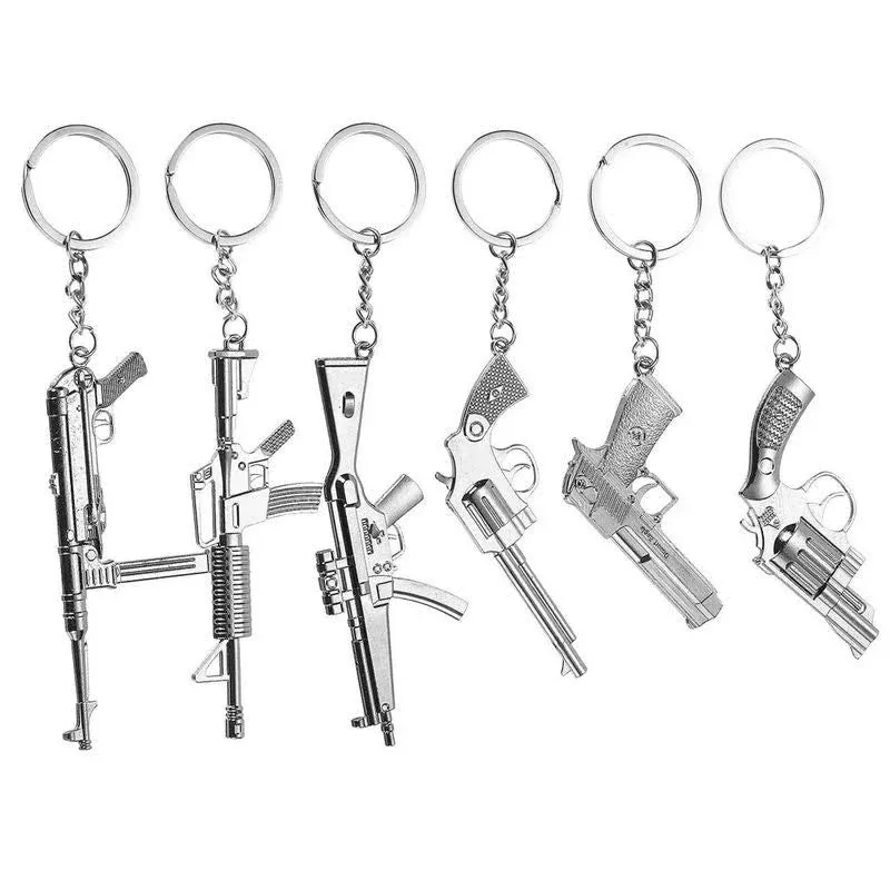 Juvale 6 Pack Mini Gun Keychains for Men, Silver Metal Pistol Key Ring Pendants (6 Assorted Designs and Sizes)