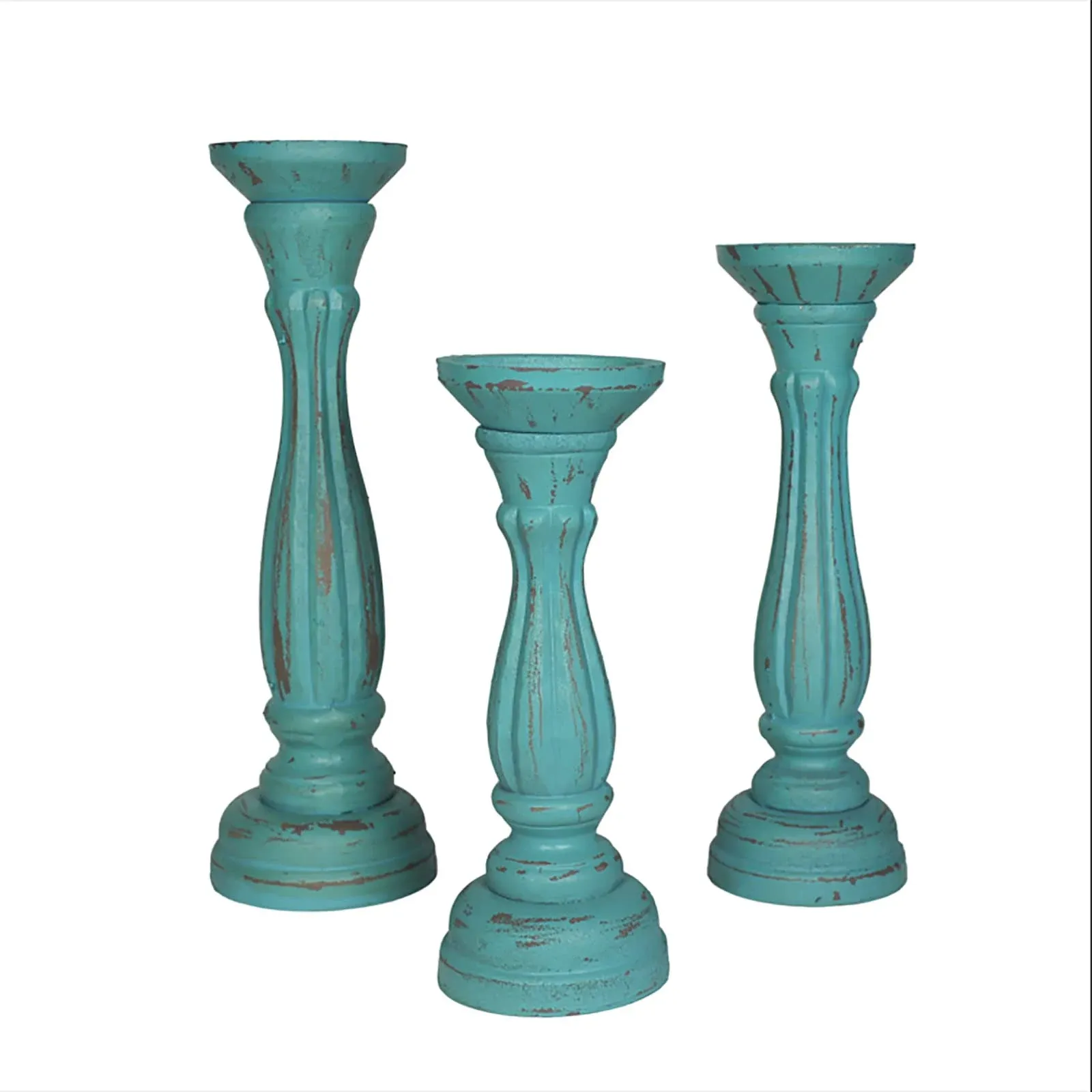 Urban Designs Vintage Wood Pillar Candle Holder - Set of 3 - Teal