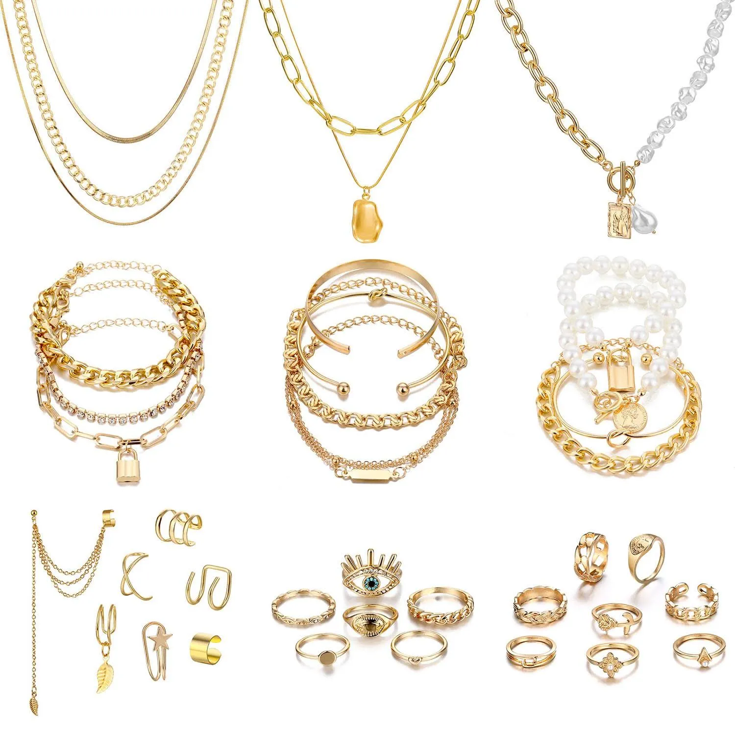 36 PCS Gold Plated Jewelry Set with 4 PCS Necklace 11 PCS Bracelet 7 PCS Ear Cuf