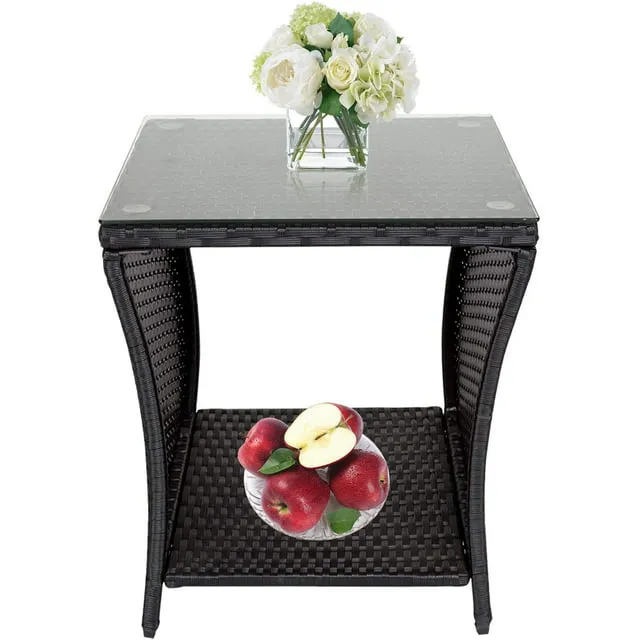 Kinbor Wicker Porch Square Side Table With Storage, Black