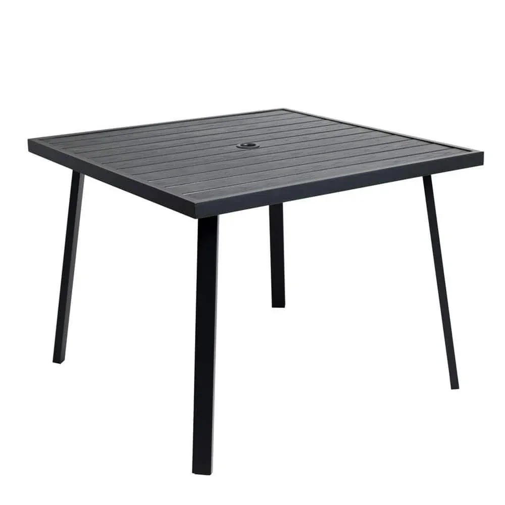 Charcoal Black Square Metal Outdoor Dining Table with Umbrella Hole for Outside Patio