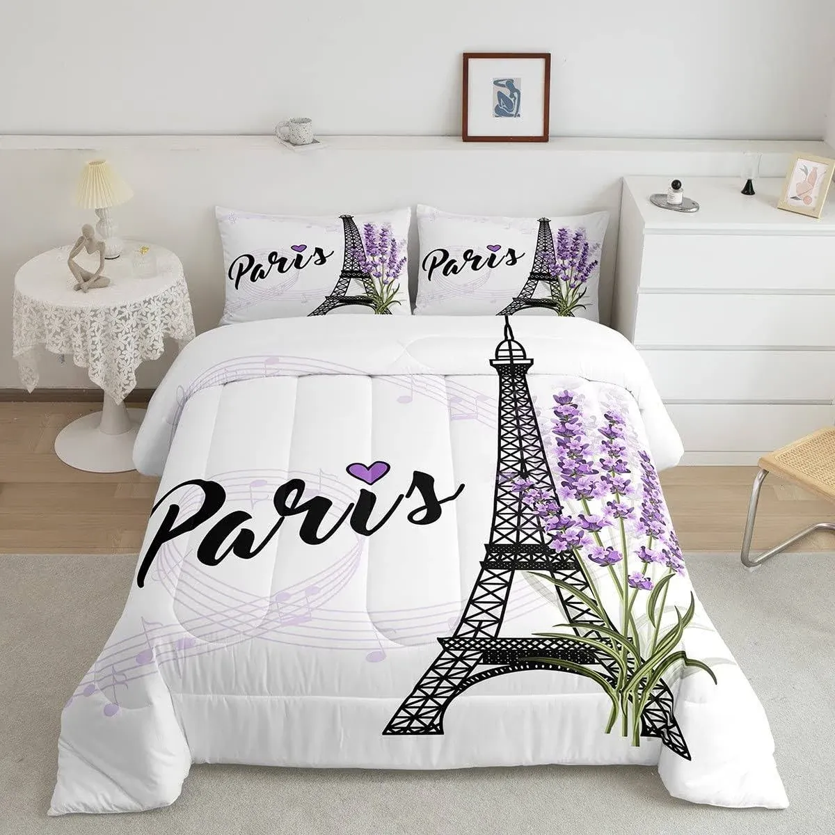 Eiffel Tower Comforter Set Purple Lavender Flowers Print Bedding Set Romantic...