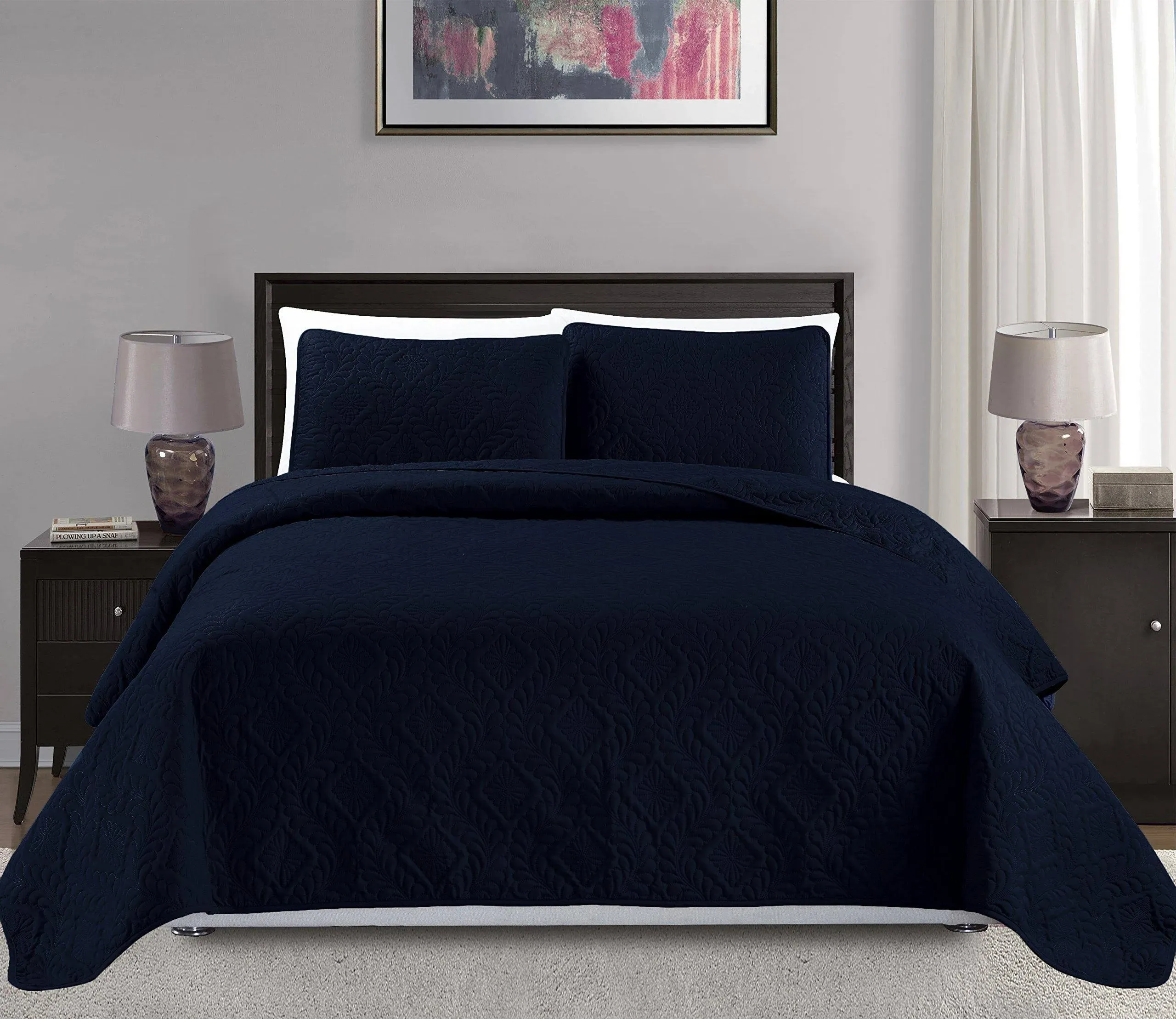 Mk Collection 3pc Full/Queen Over Size Diamond Bedspread Bed Cover Embossed Solid Navy Blue New