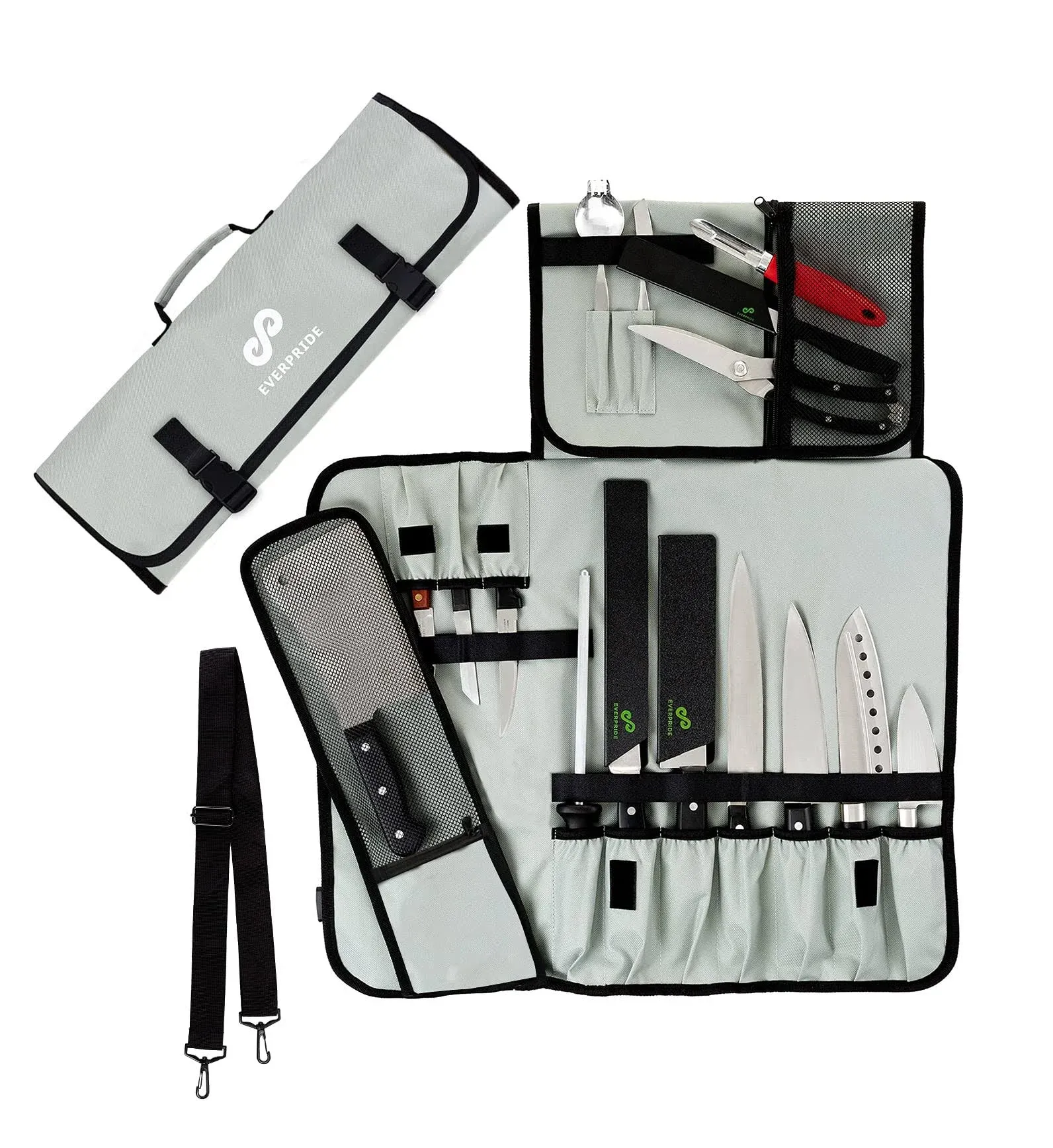 EVERPRIDE Chef Knife Roll Bag Holds 10 Knives – Contains 2 Large Zippered Pockets ...