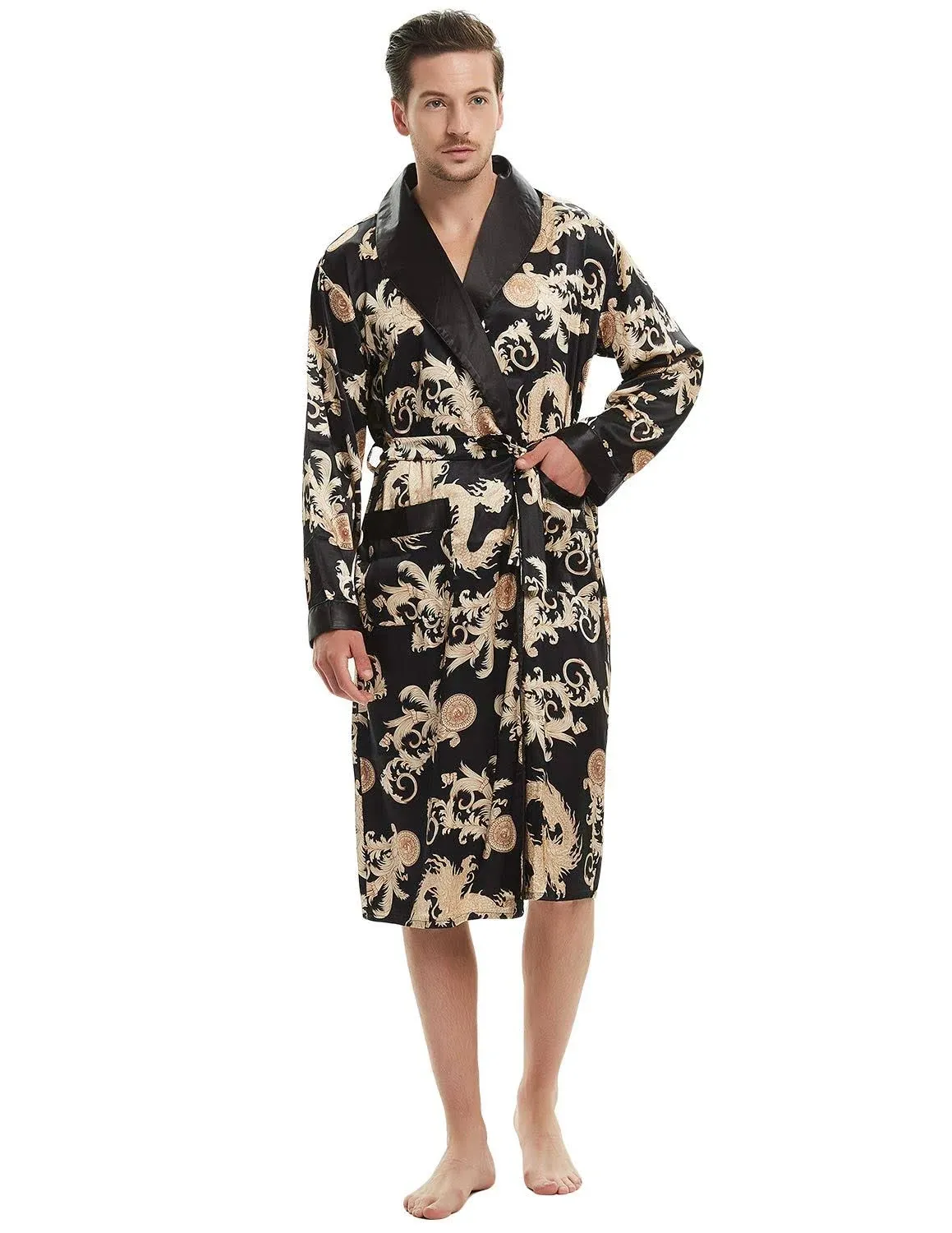 Haseil Men&#039;s Satin Robe Dragon Luxurious Silk Spa Long Sleeve House Kimono Bathr