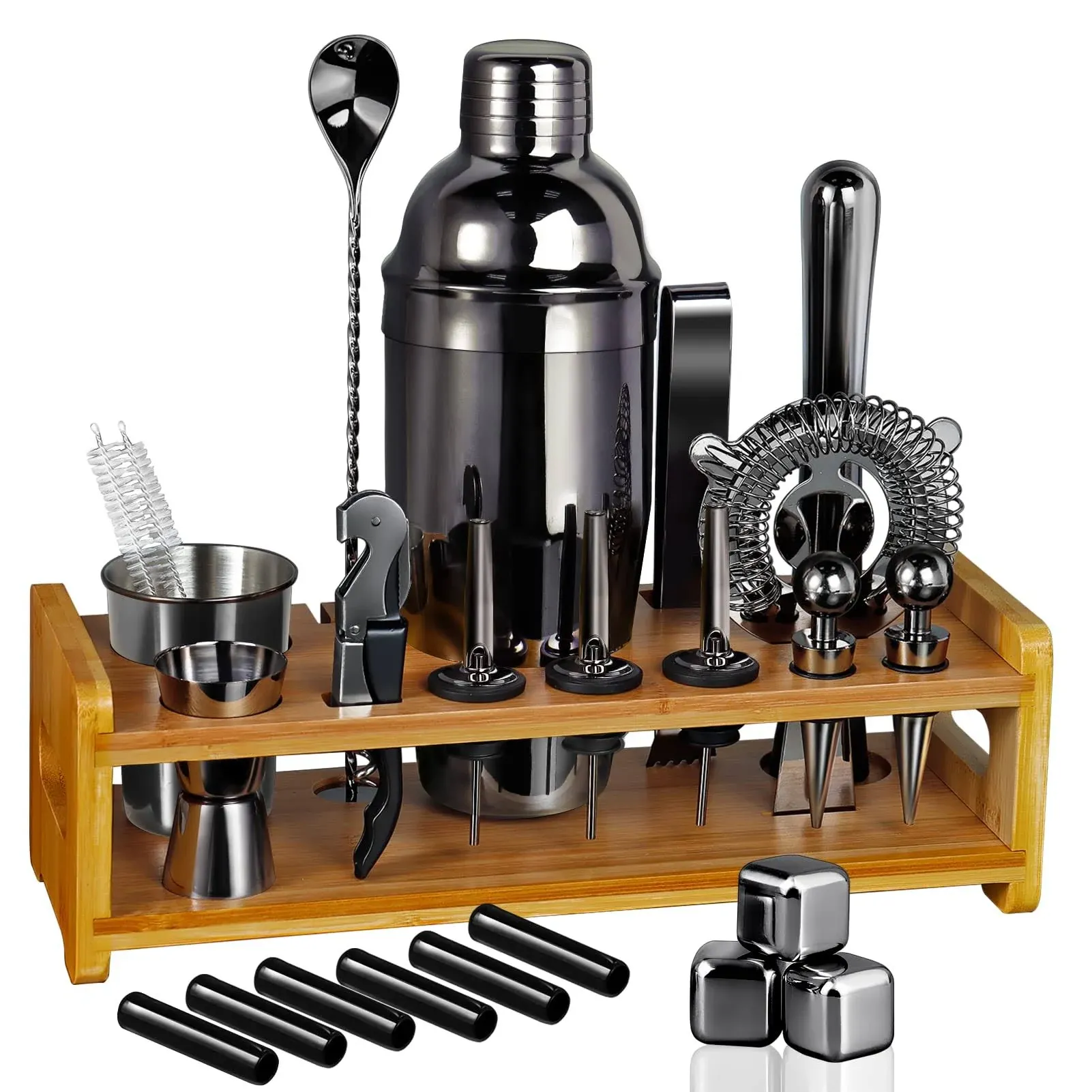 26-Piece Stainless Steel Bartender Kit with Bamboo Stand - Perfect for Christmas Parties Home Bars and Gifts Silver