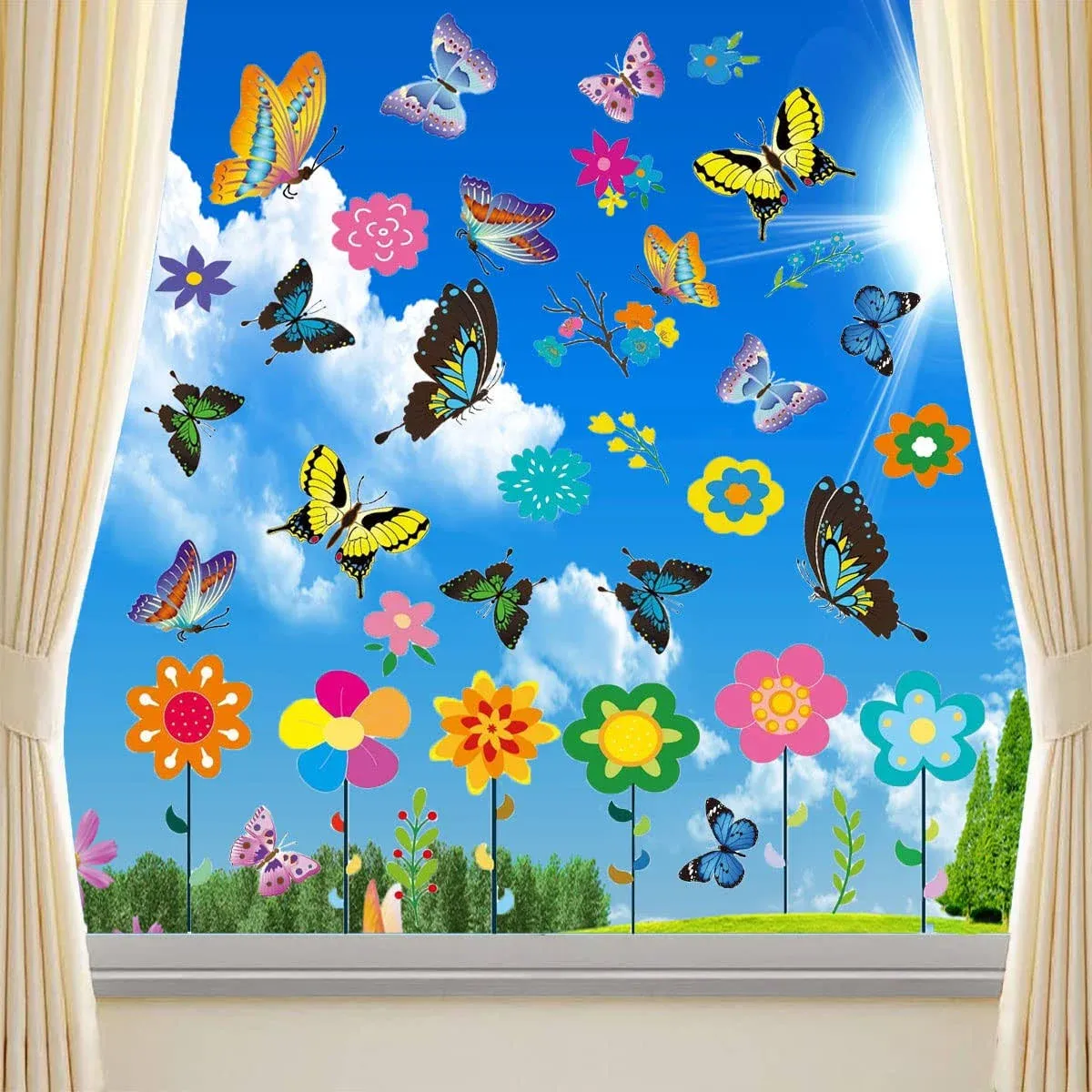 PARLAIM Large Size Flower &amp; Butterfly Window Decorations Decals Clings Stickers