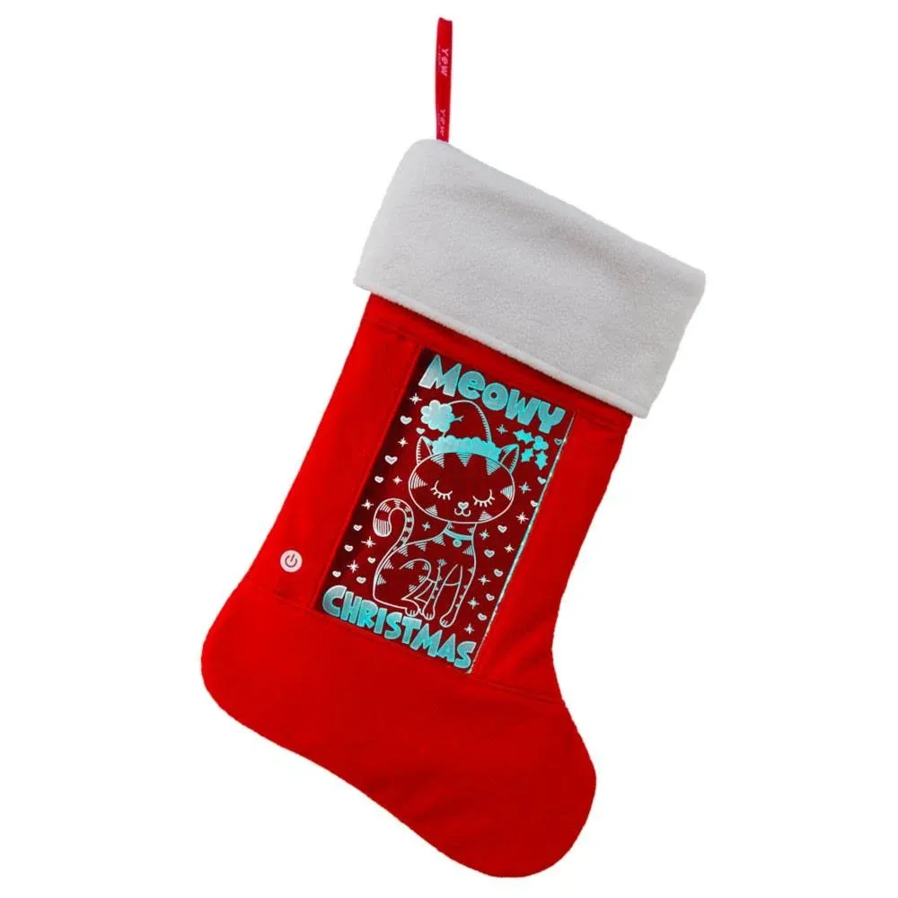 Cat Meowy Christmas Light Up Holiday Stocking Multicolor Lights With 3D Effect